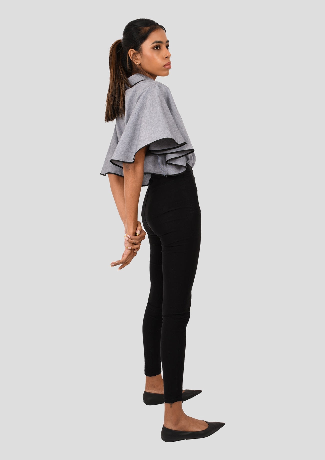 Grey Comfort Fit Chambray Shirt with Flared Sleeves