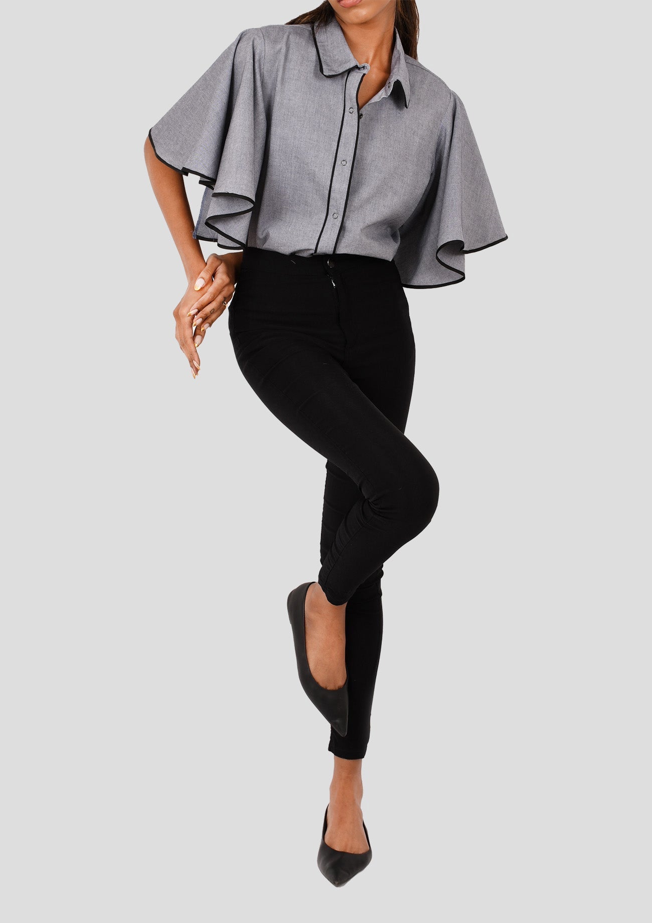 Grey Comfort Fit Chambray Shirt with Flared Sleeves