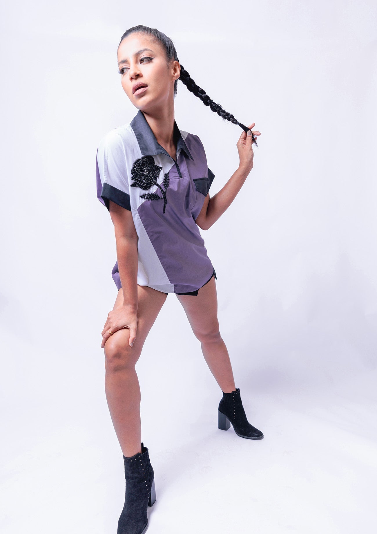 Lilac & White Cotton Shirt with Magyar Sleeves