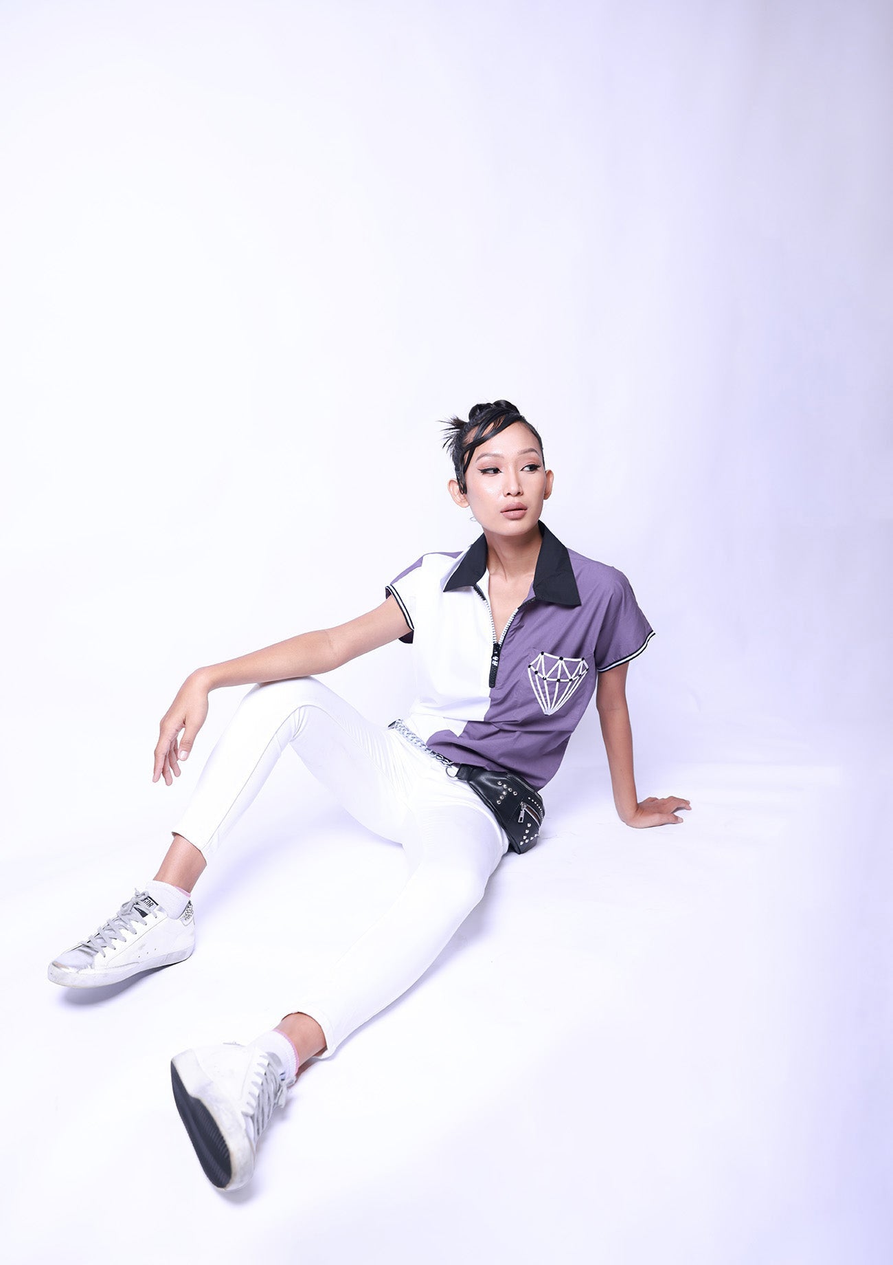 Lilac & White Cotton Bomber Top with Contrast Collar