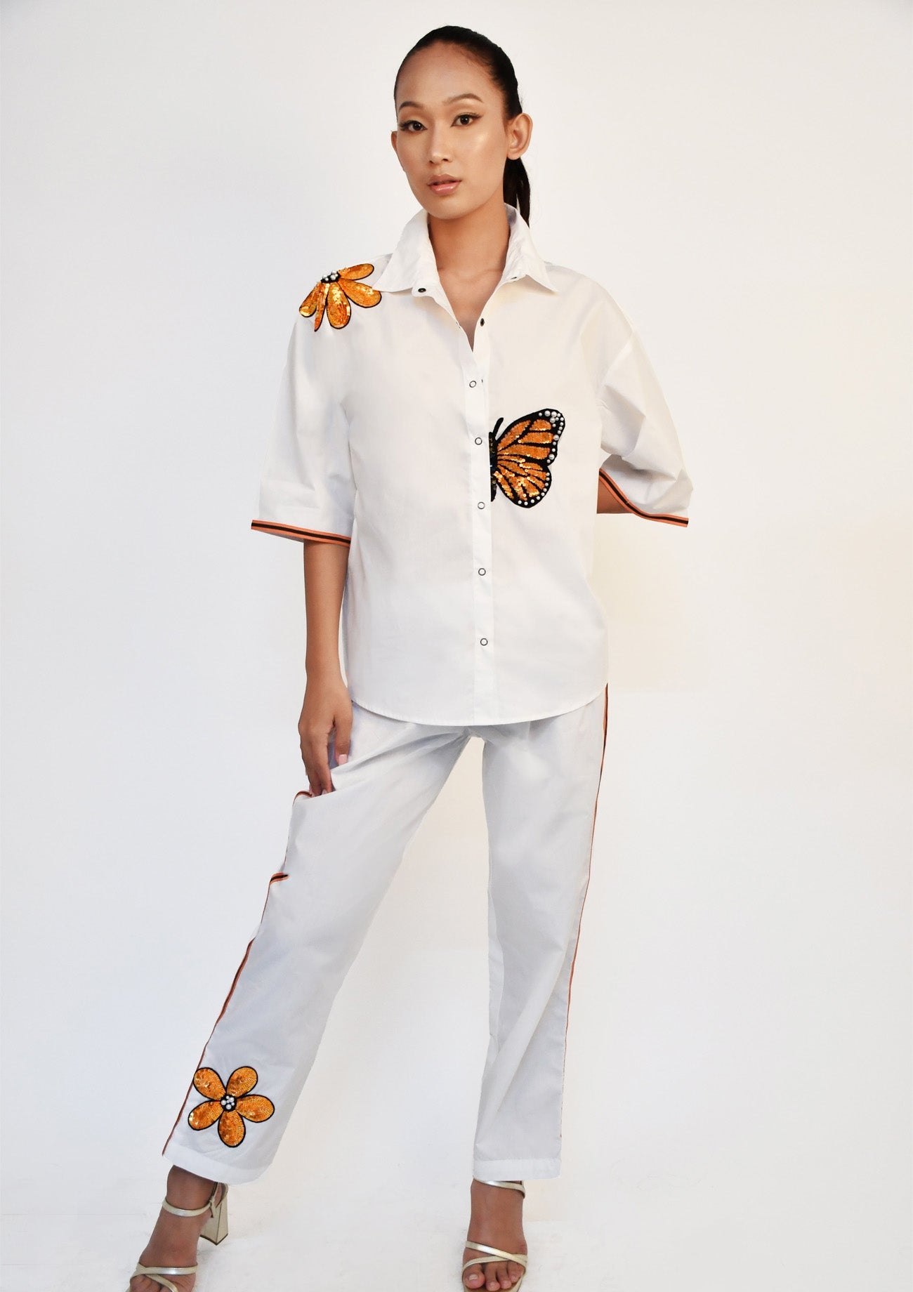 White Cotton Co-ord Set with Sequin Embroidery Shirt and Pants Set
