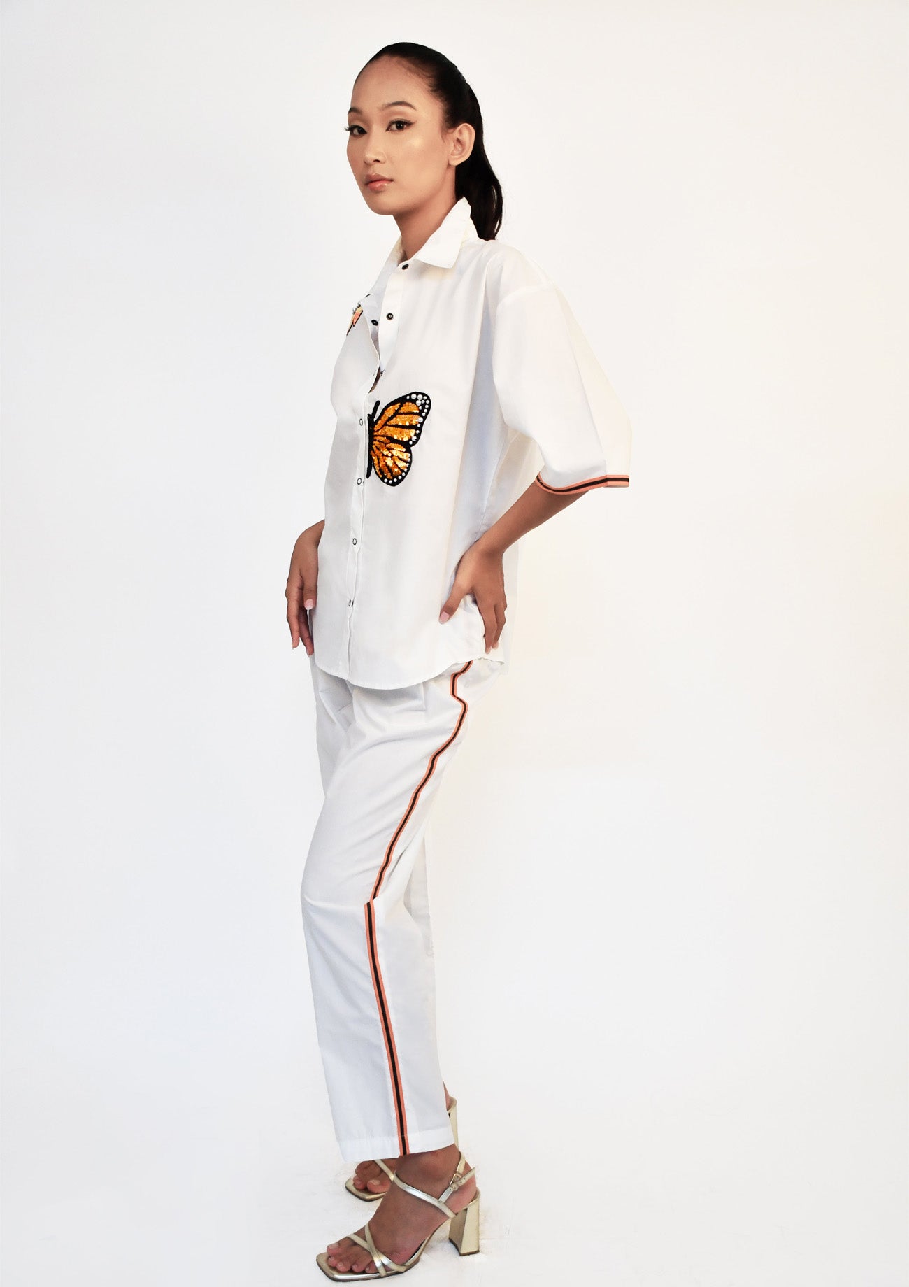 White Cotton Co-ord Set with Sequin Embroidery Shirt