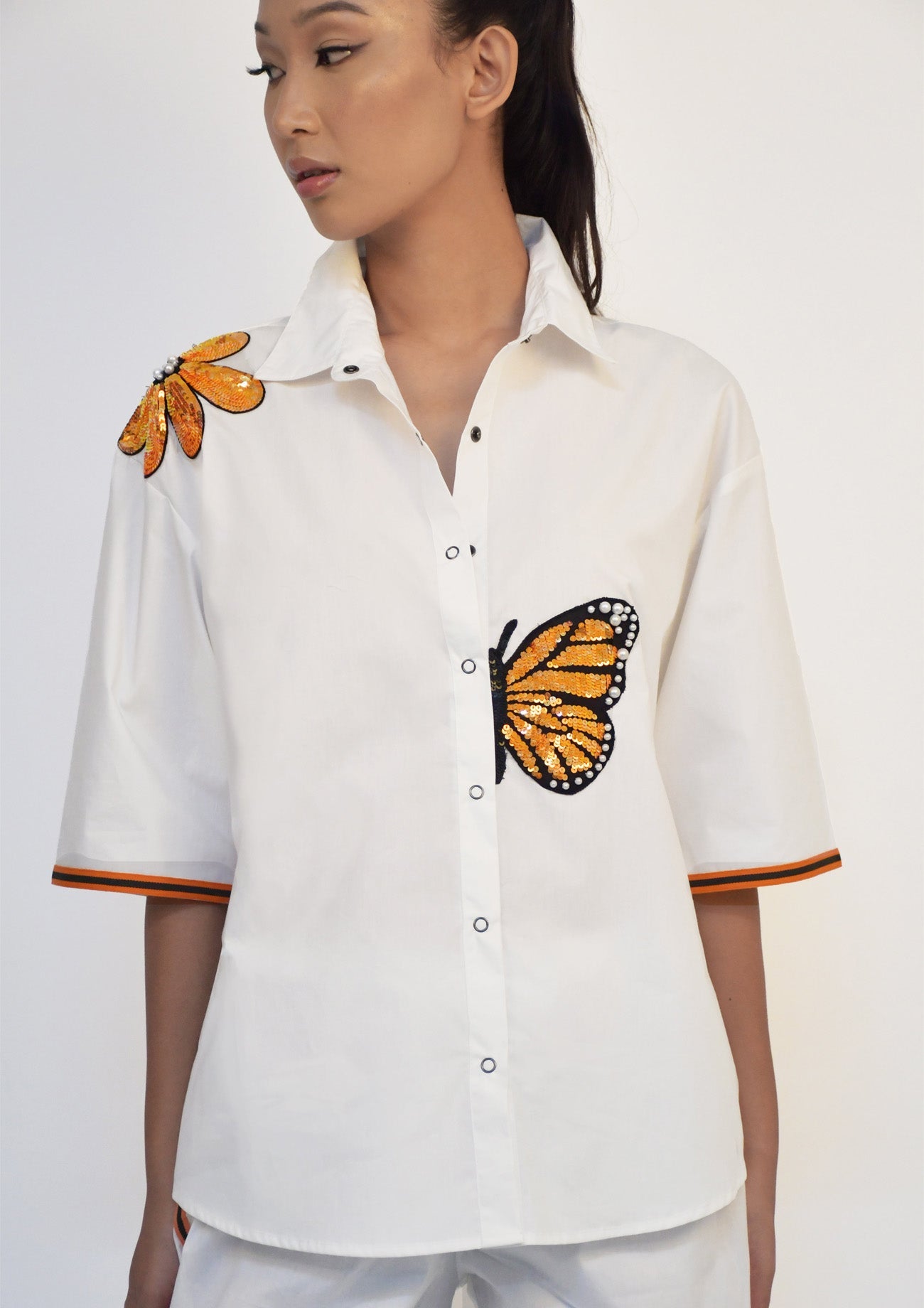 White Cotton Co-ord Set with Sequin Embroidery Shirt