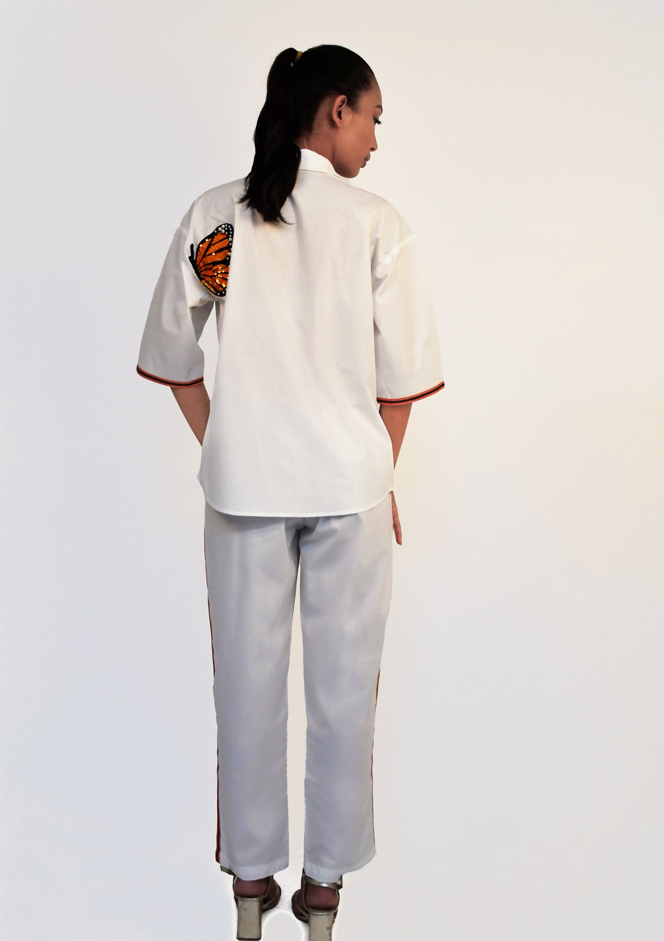 White Cotton Co-ord Set with Sequin Embroidery Shirt