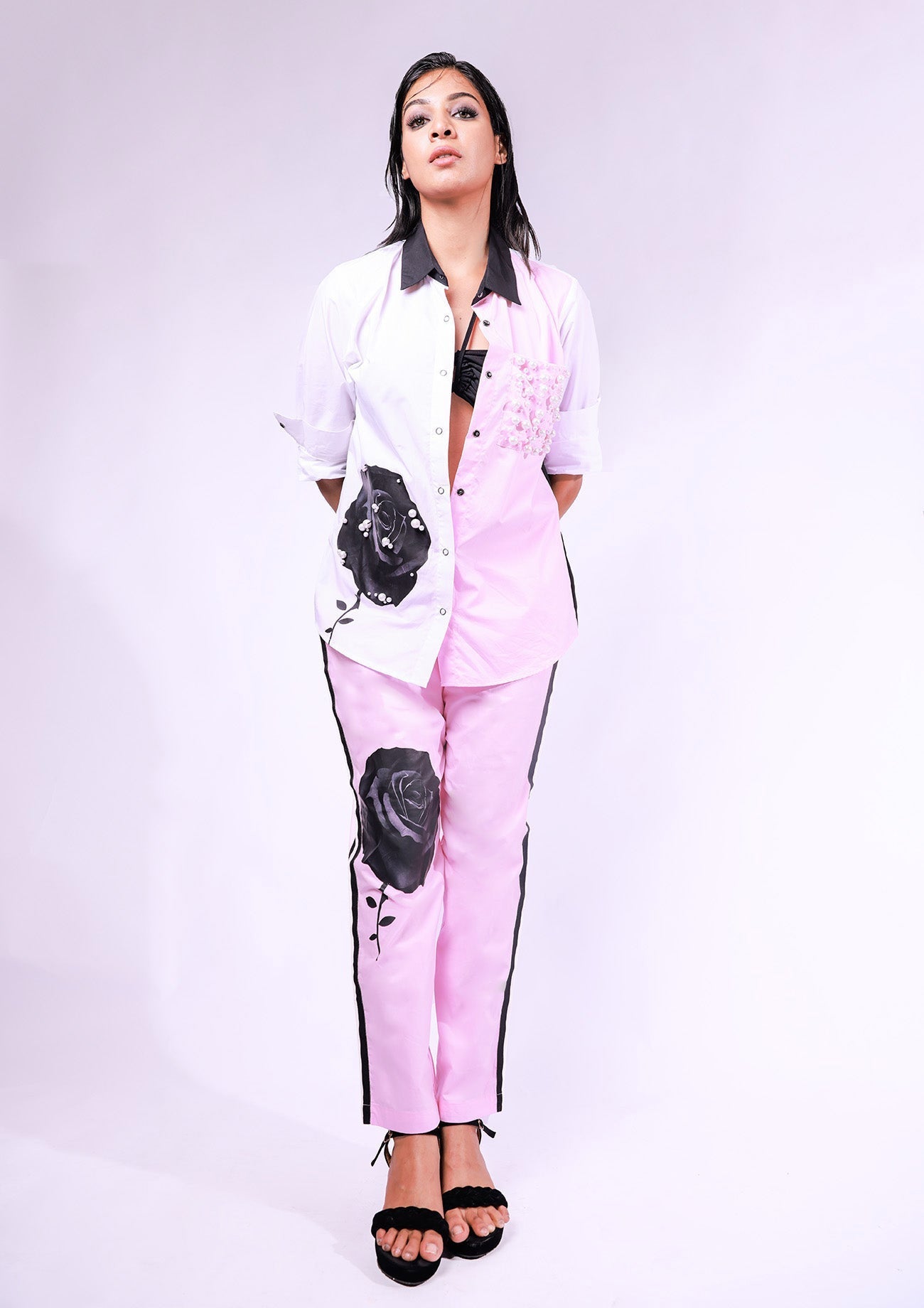 Pink & White Cotton Co-ord Set with Contrast Collar Shirt and Straight Pants