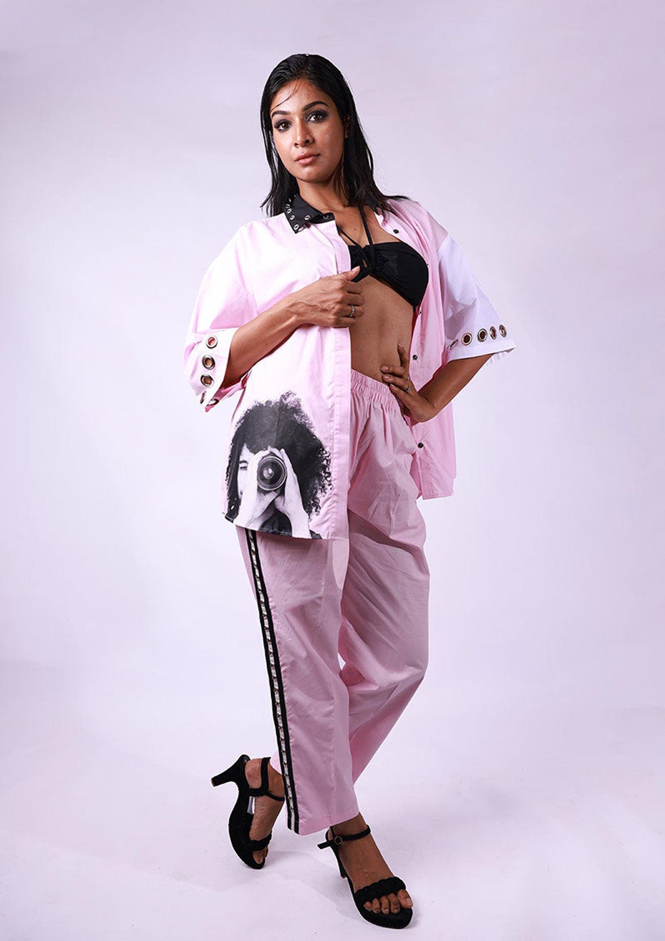 Pink Comfort Fit Cotton Shirt with Eyelets