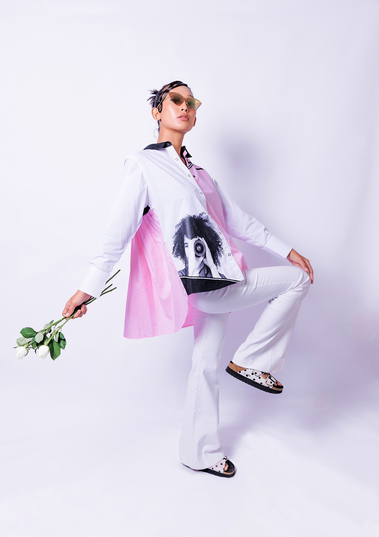 Pink & White Comfort Fit Cotton Shirt with Pleated Back