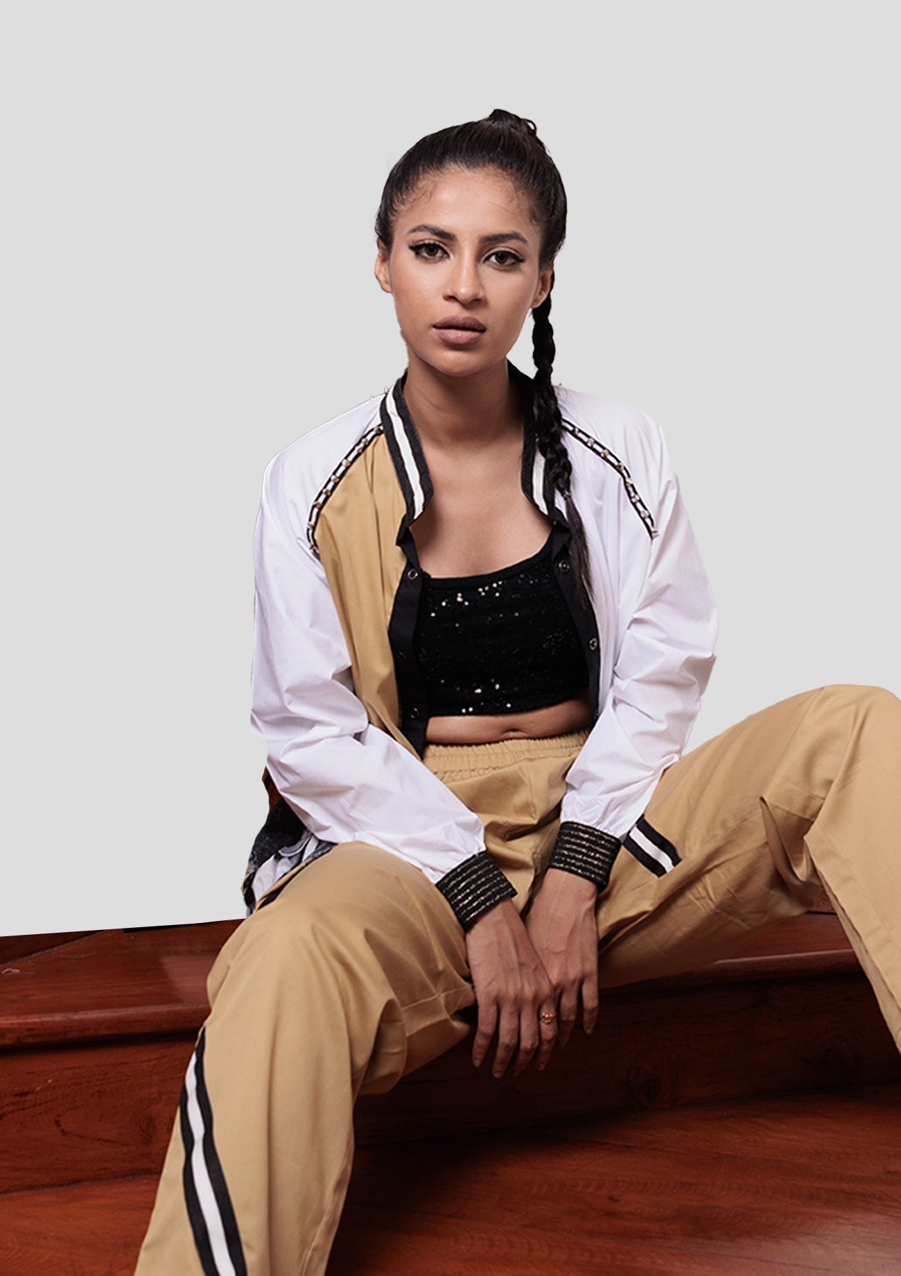 Beige & White Cotton Co-ord Set with Bomber Jacket