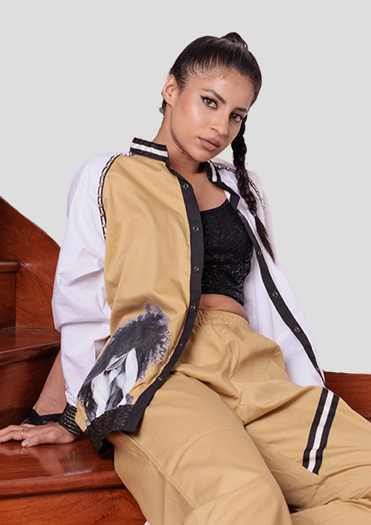 Beige & White Cotton Co-ord Set with Bomber Jacket