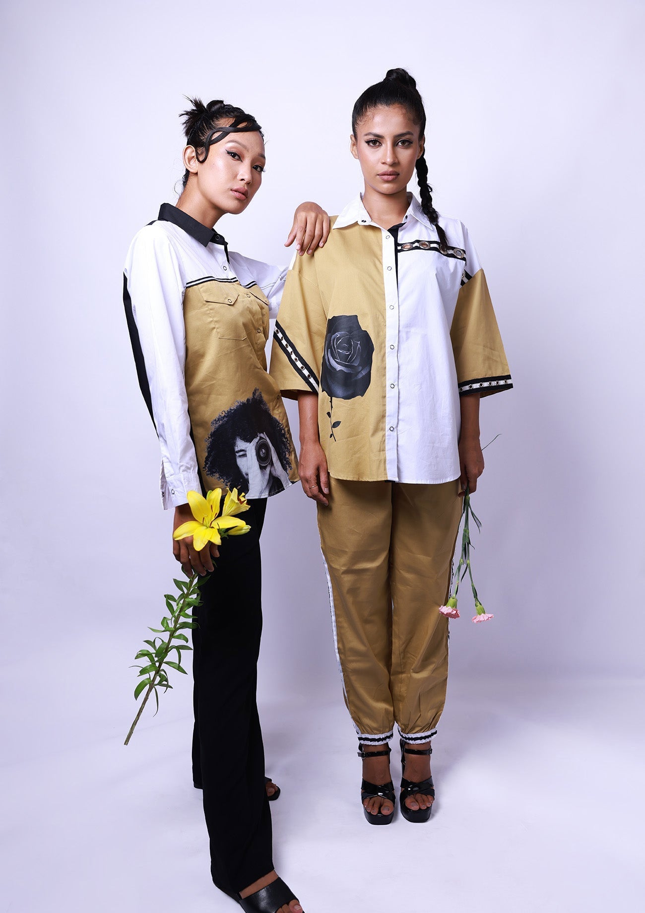 Beige & White Cotton Co-ord Set with Jogger Pants