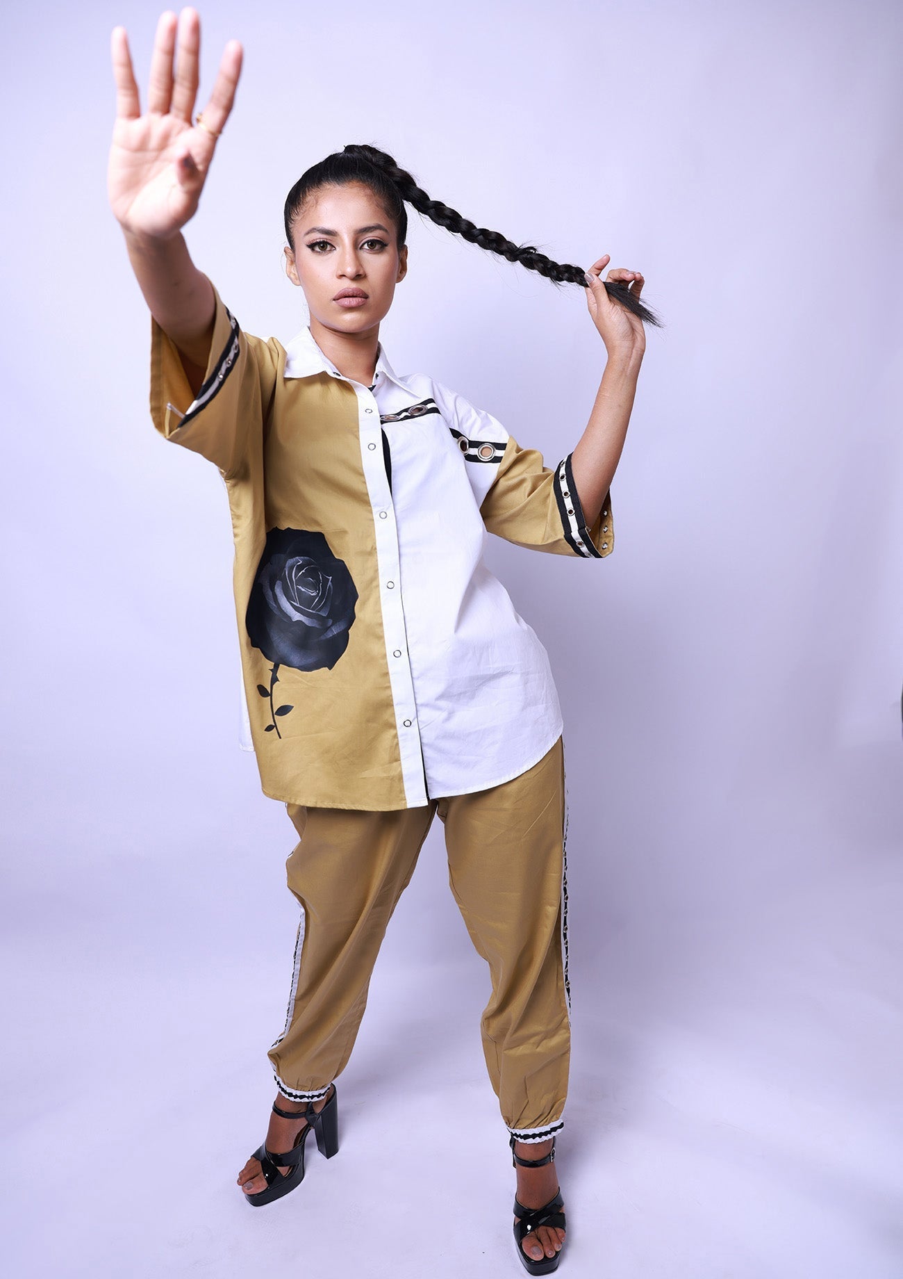 Beige & White Cotton Co-ord Set with Jogger Pants