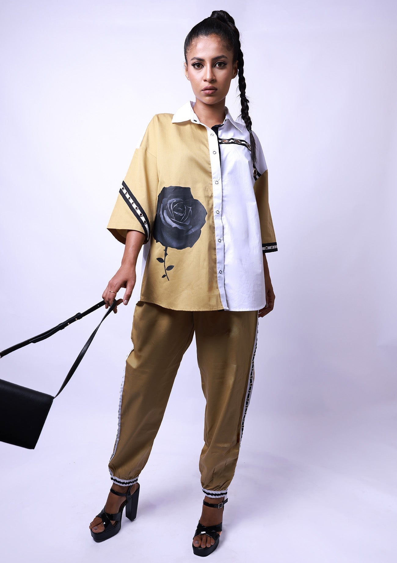 Beige & White Cotton Co-ord Set with Jogger Pants