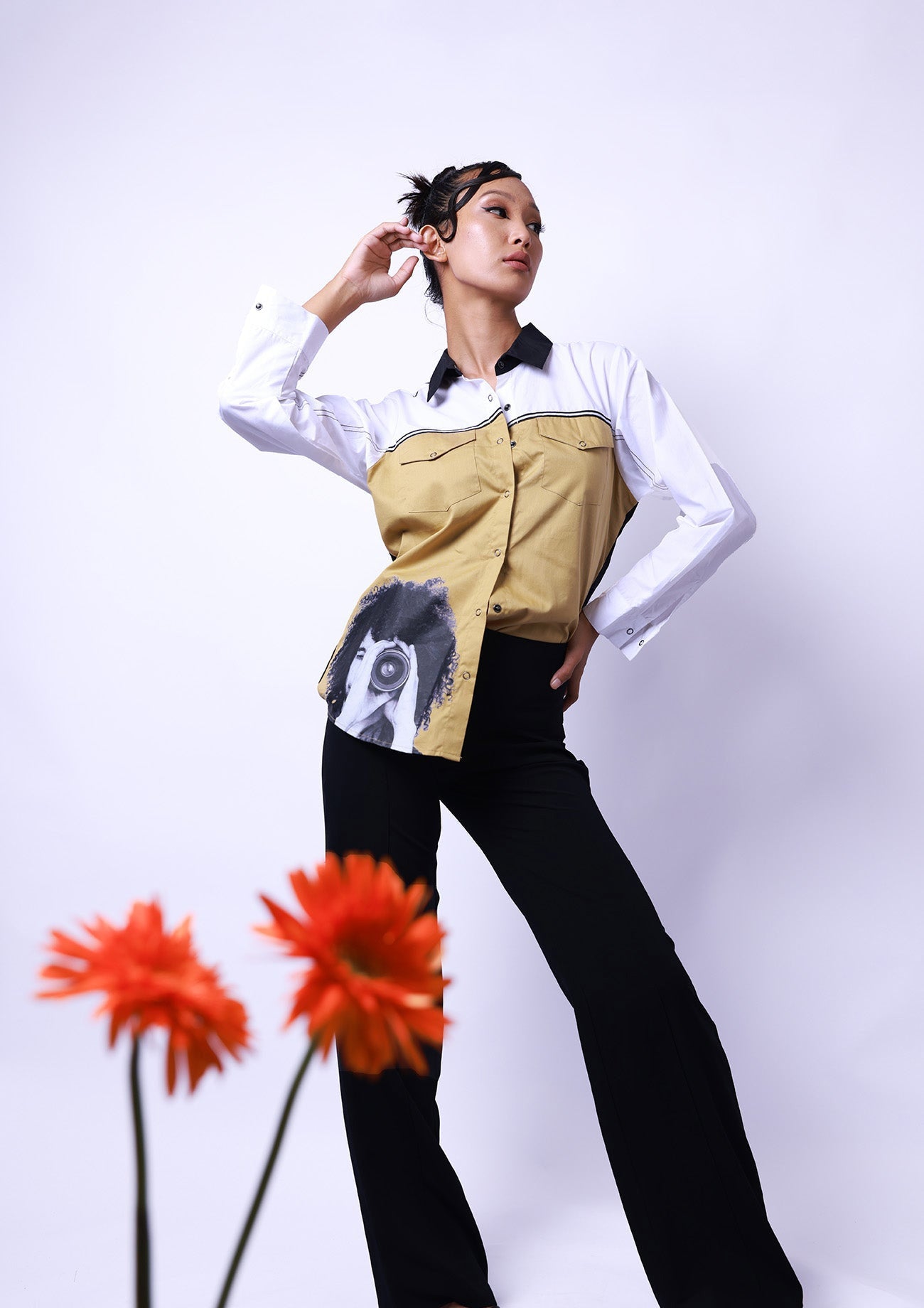 Beige, White & Black Comfort Fit Cotton Shirt with Print