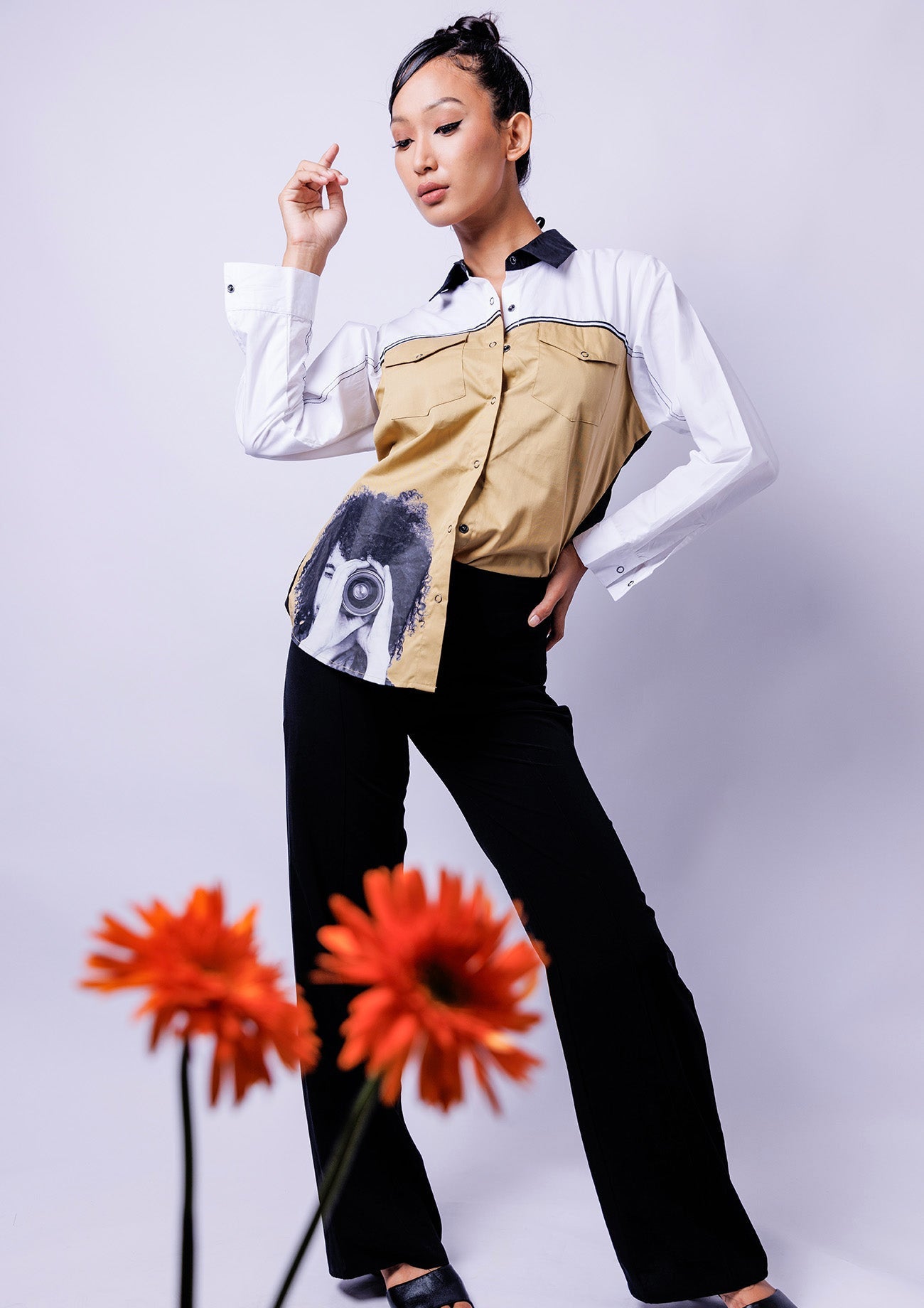 Beige, White & Black Comfort Fit Cotton Shirt with Print