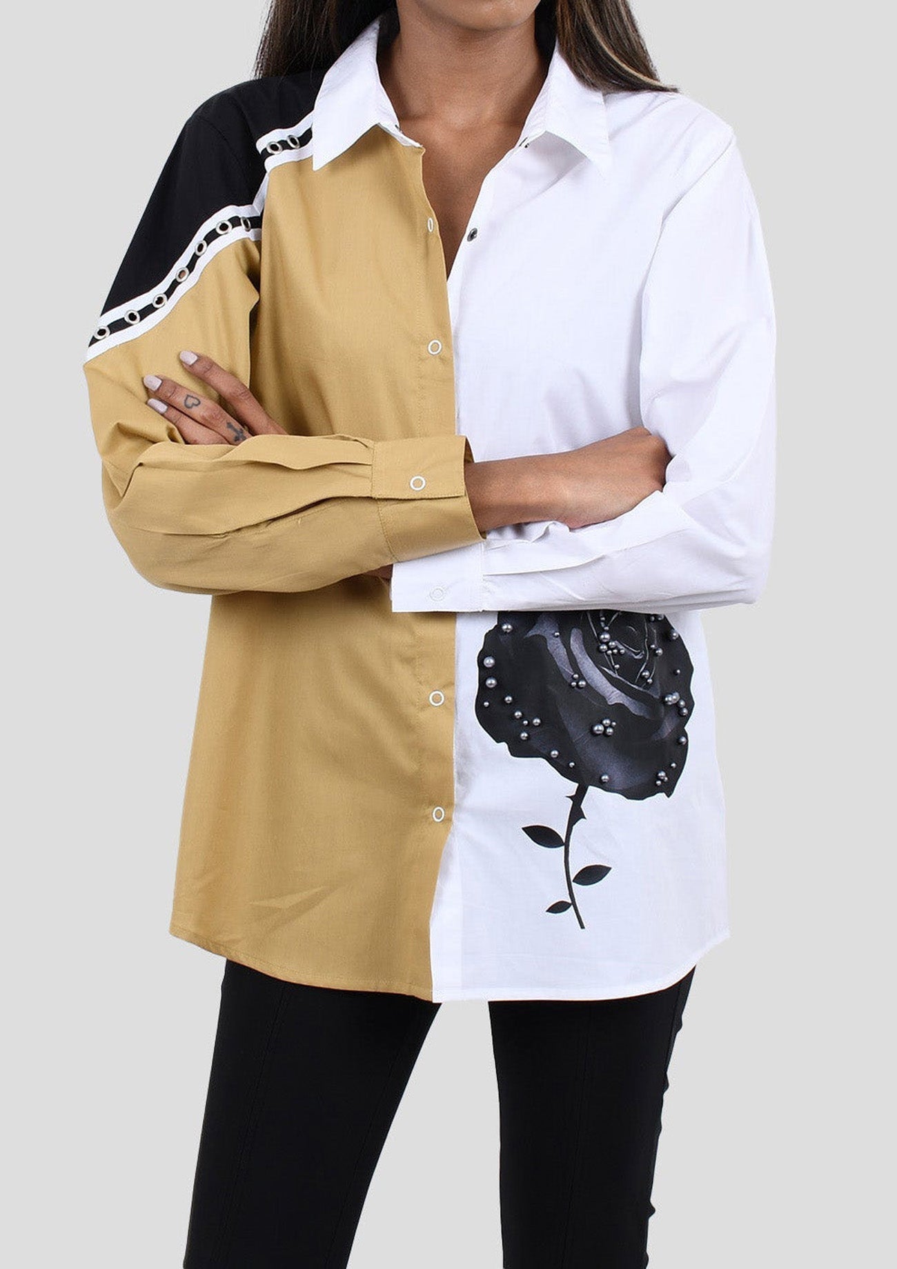 Beige, White & Black Comfort Fit Cotton Shirt