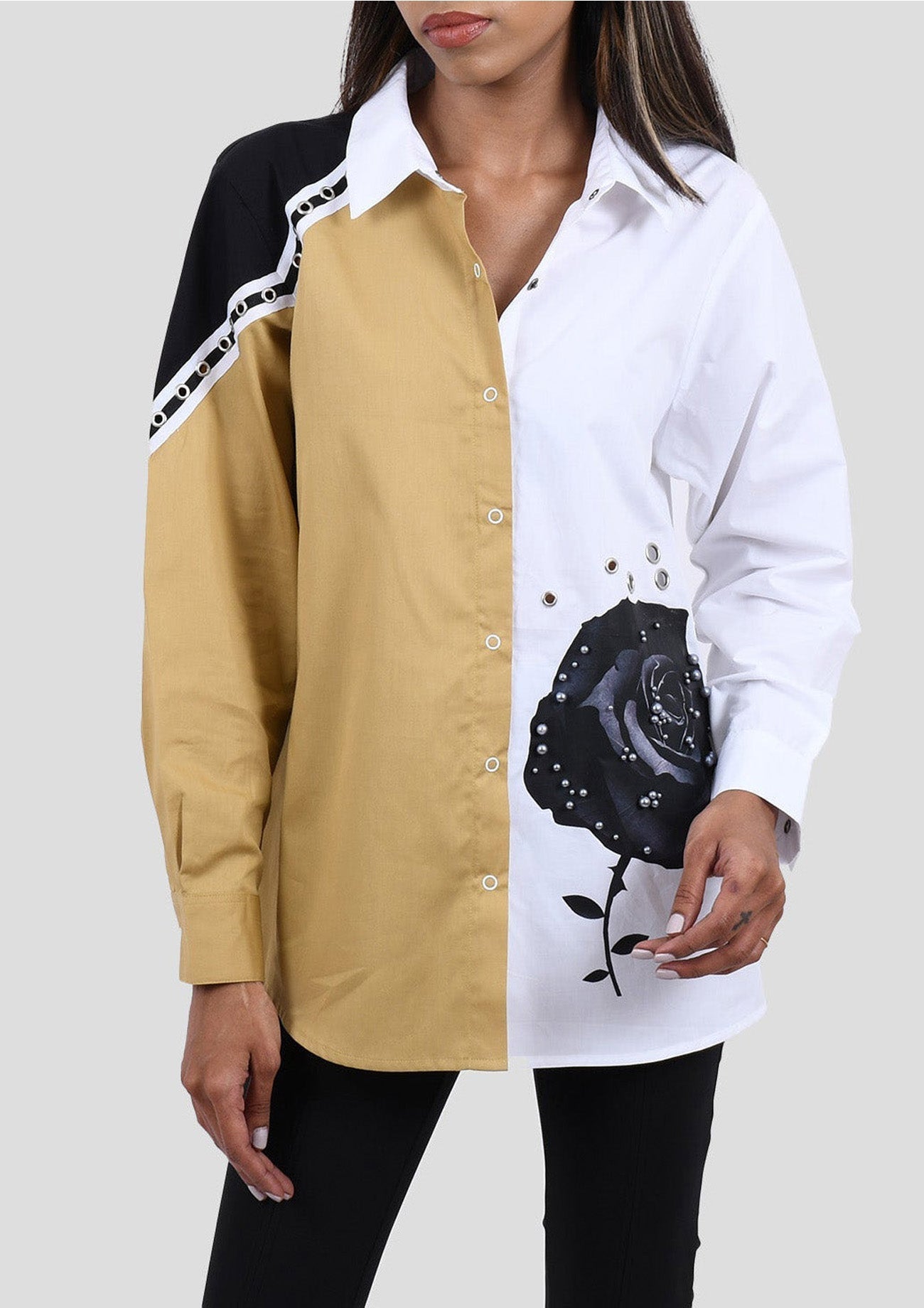 Beige, White & Black Comfort Fit Cotton Shirt