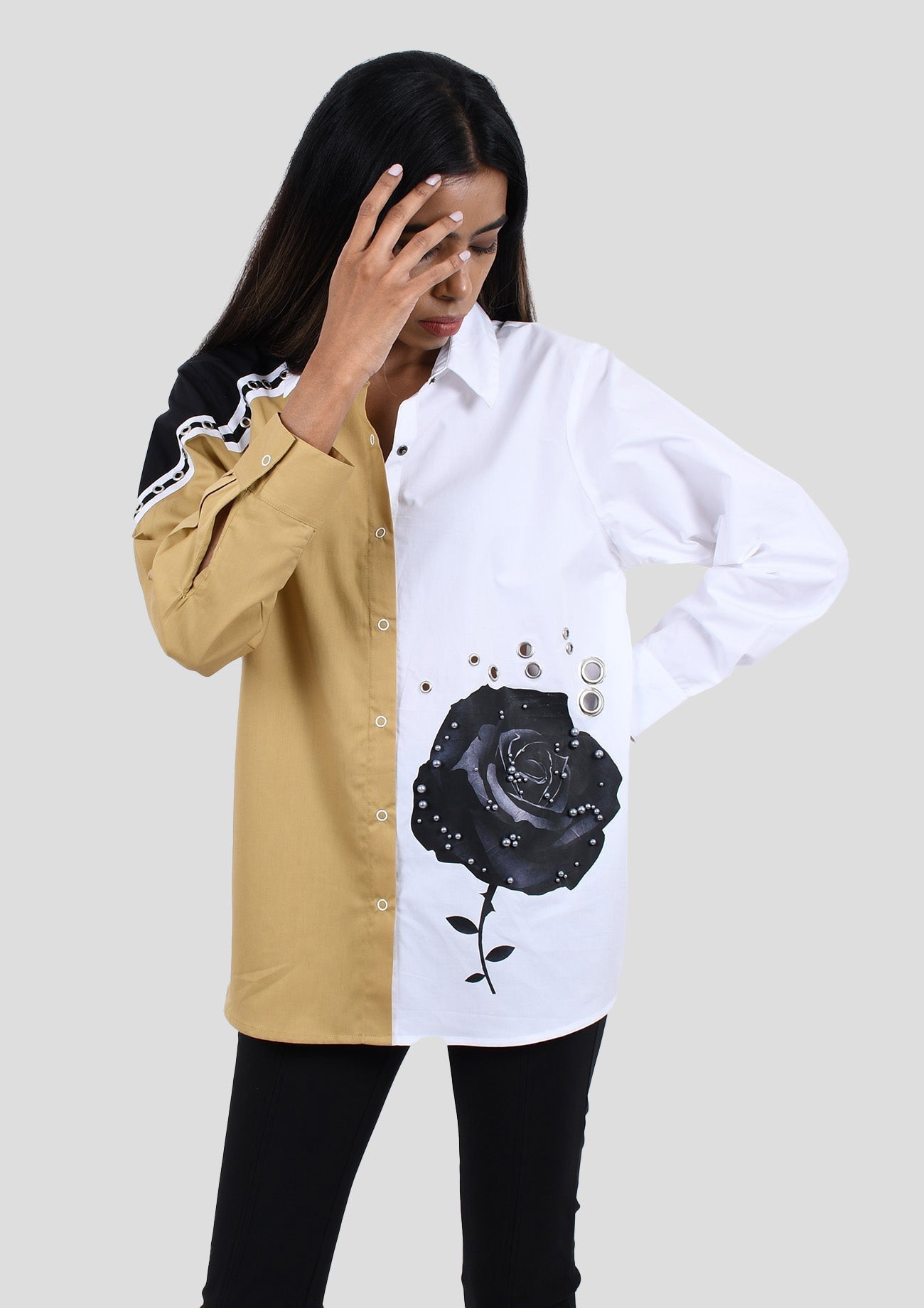 Beige, White & Black Comfort Fit Cotton Shirt