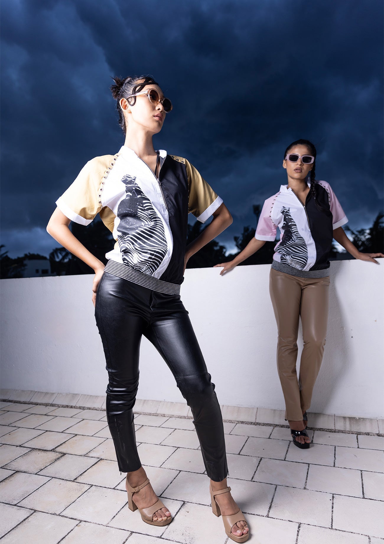 Beige, White & Black Cotton Bomber Top with Short Sleeves