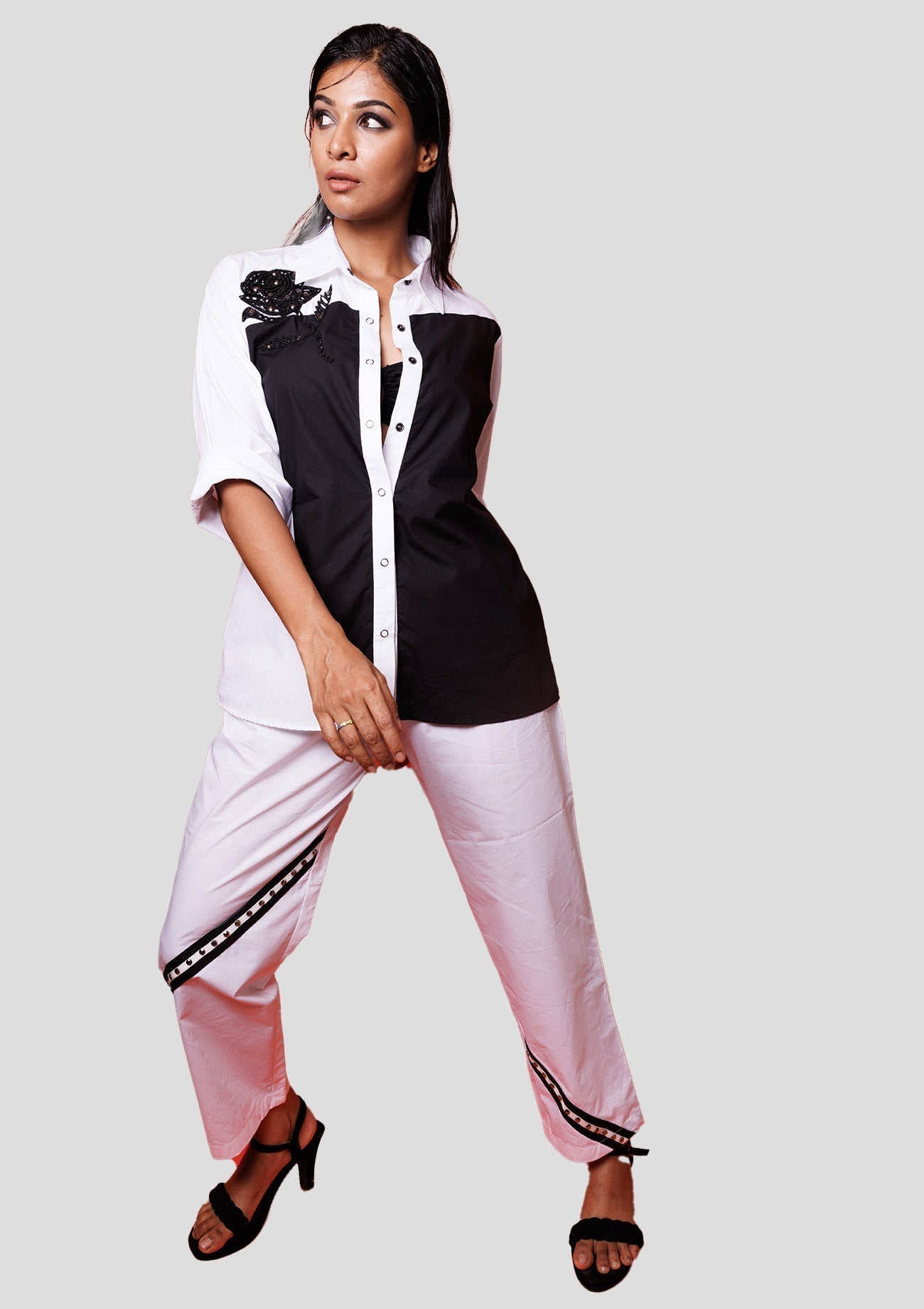 Black & White Comfort Fit Cotton Shirt with Cutwork