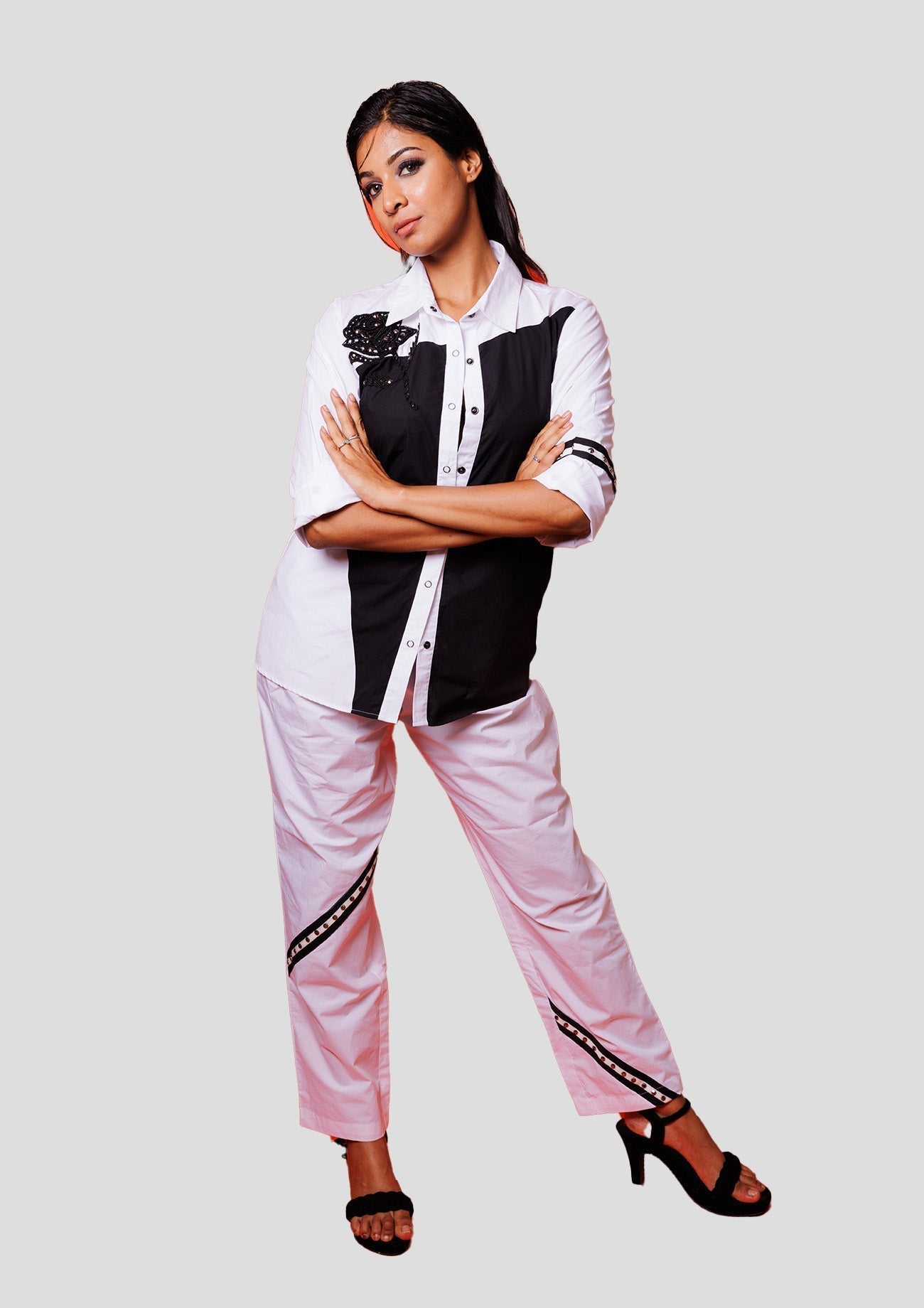 Black & White Cotton Co-ord Set with Straight Pants