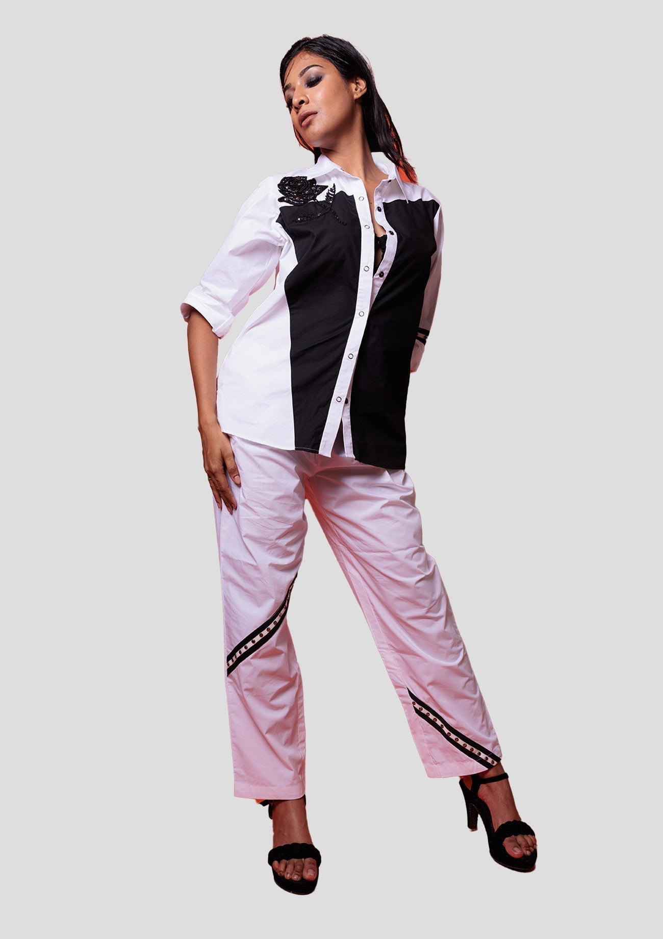 Black & White Cotton Co-ord Set with Straight Pants