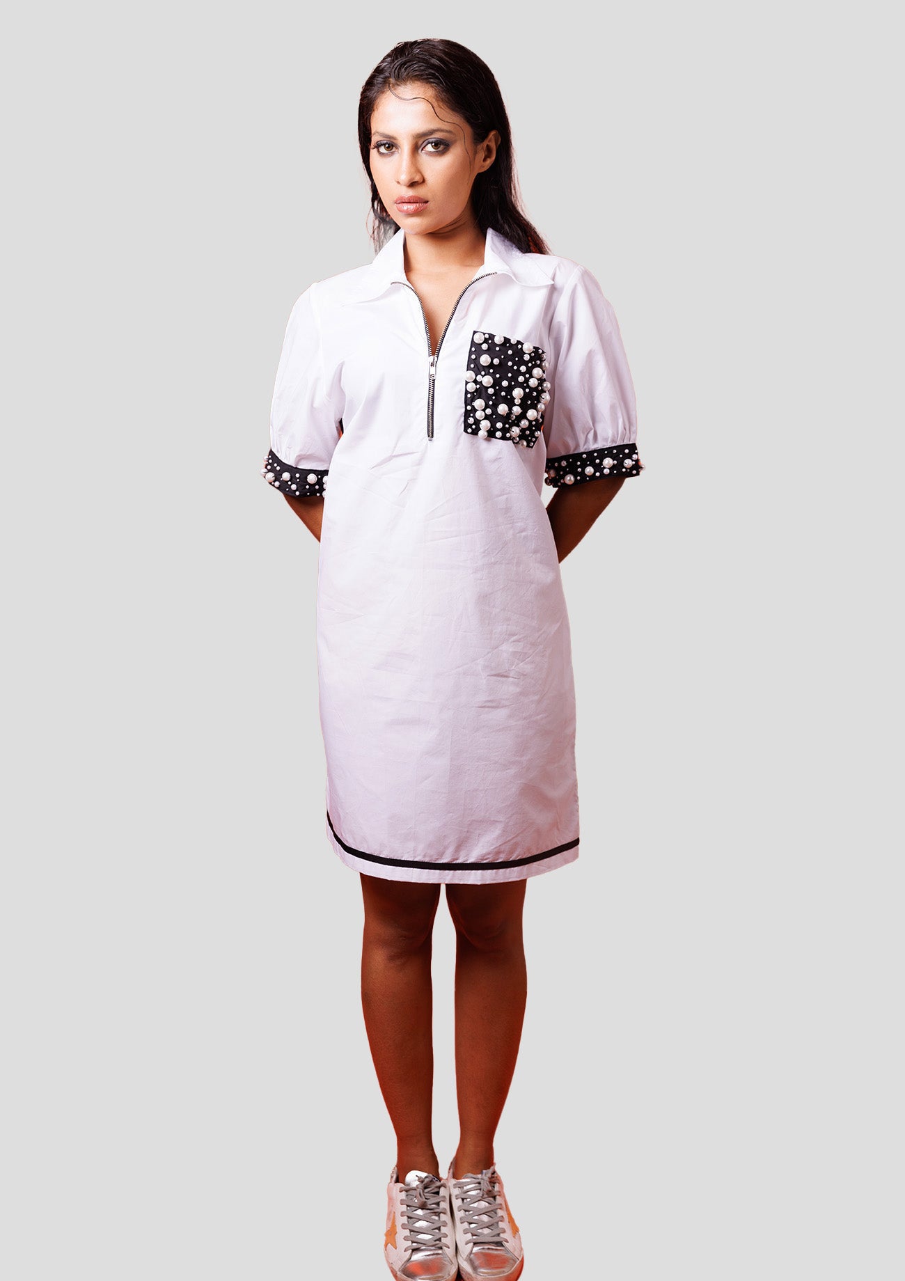 White Cotton Dress with Embroidered Pockets