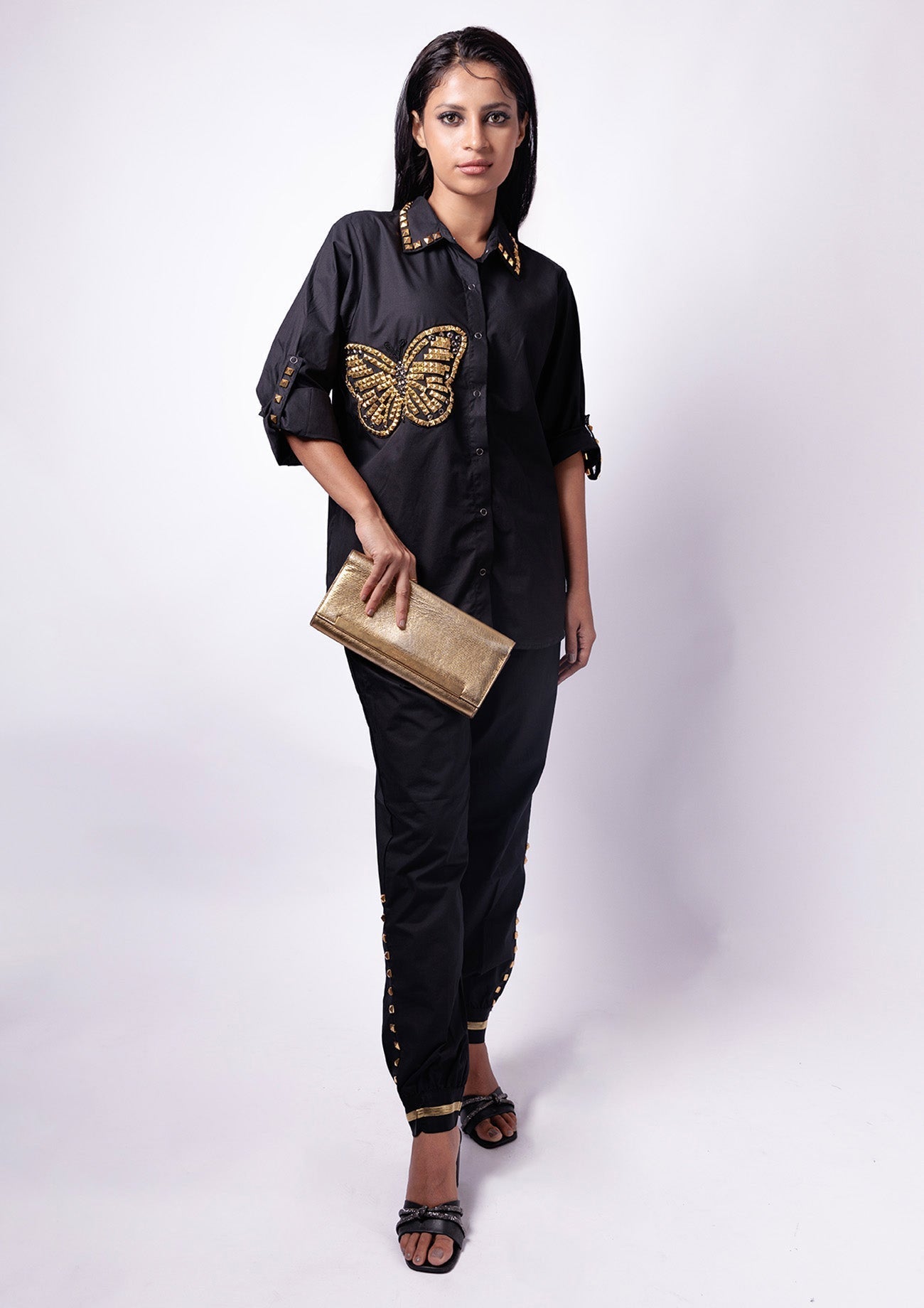 Black Comfort Fit Cotton Shirt with Pockets and Studwork