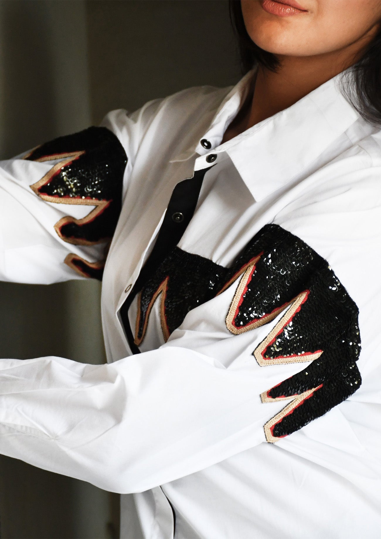 White Comfort Fit Cotton Shirt with Zig Zag Sequin