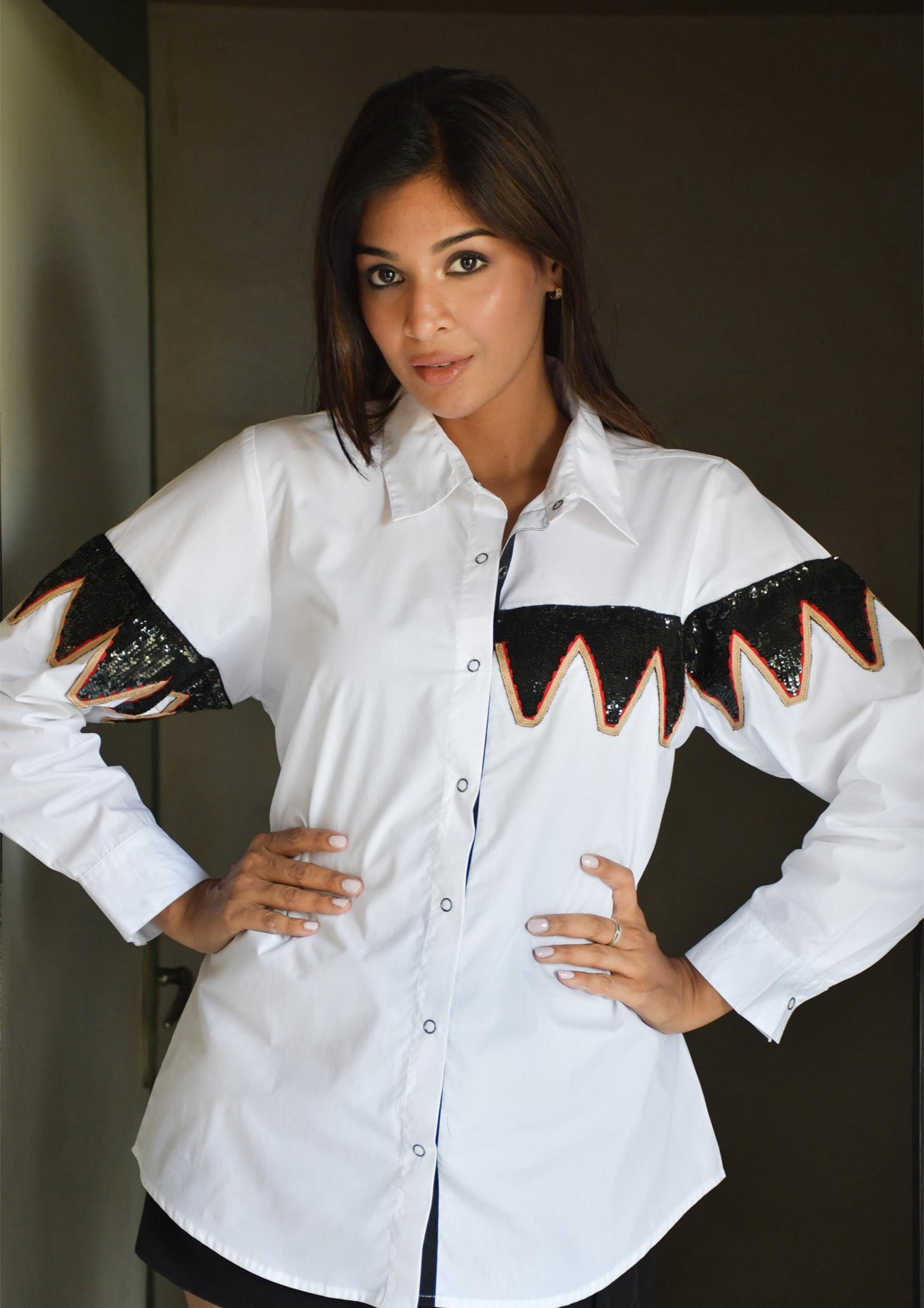 White Comfort Fit Cotton Shirt with Zig Zag Sequin