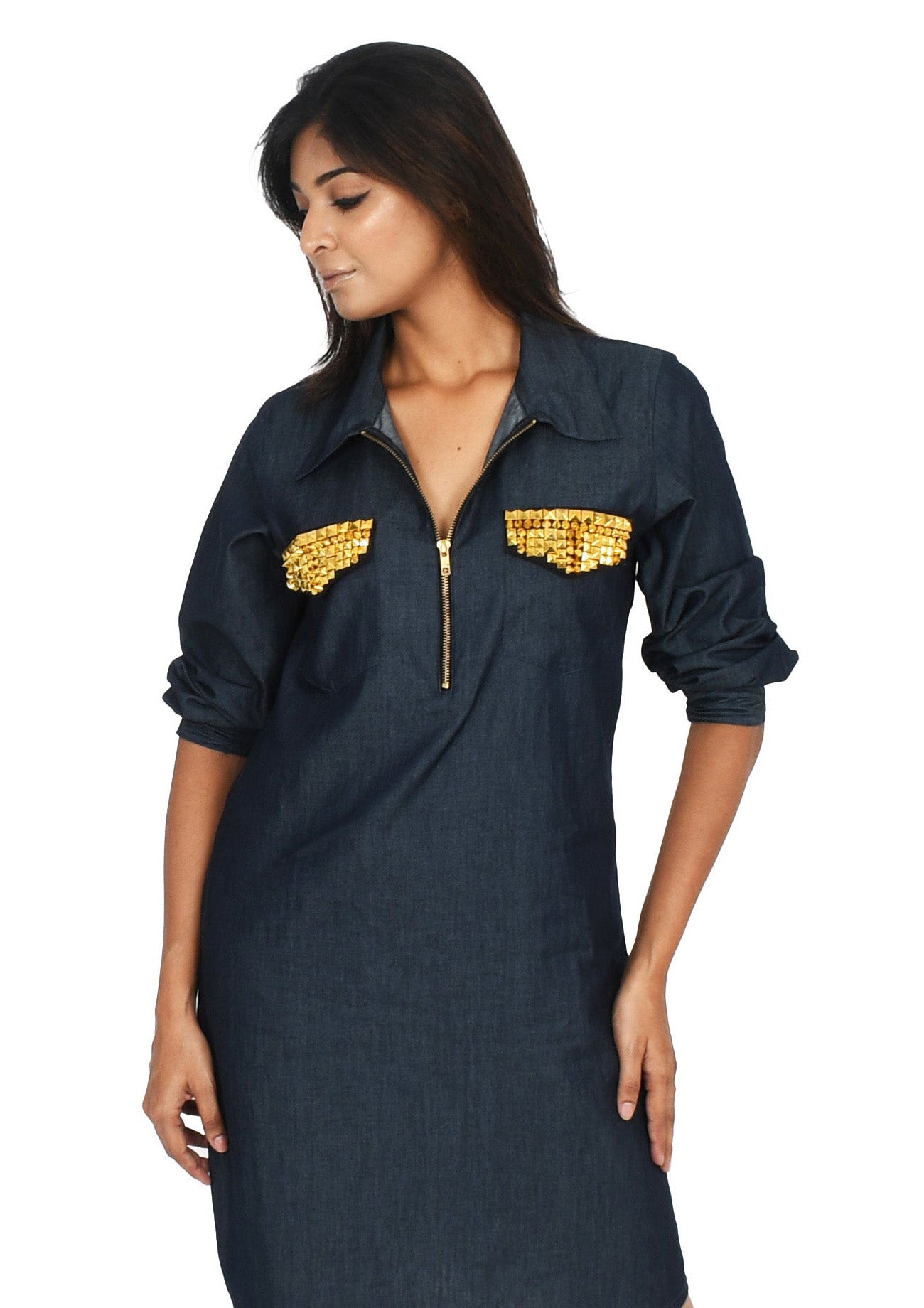 Blue Denim One Piece Dress with Pockets