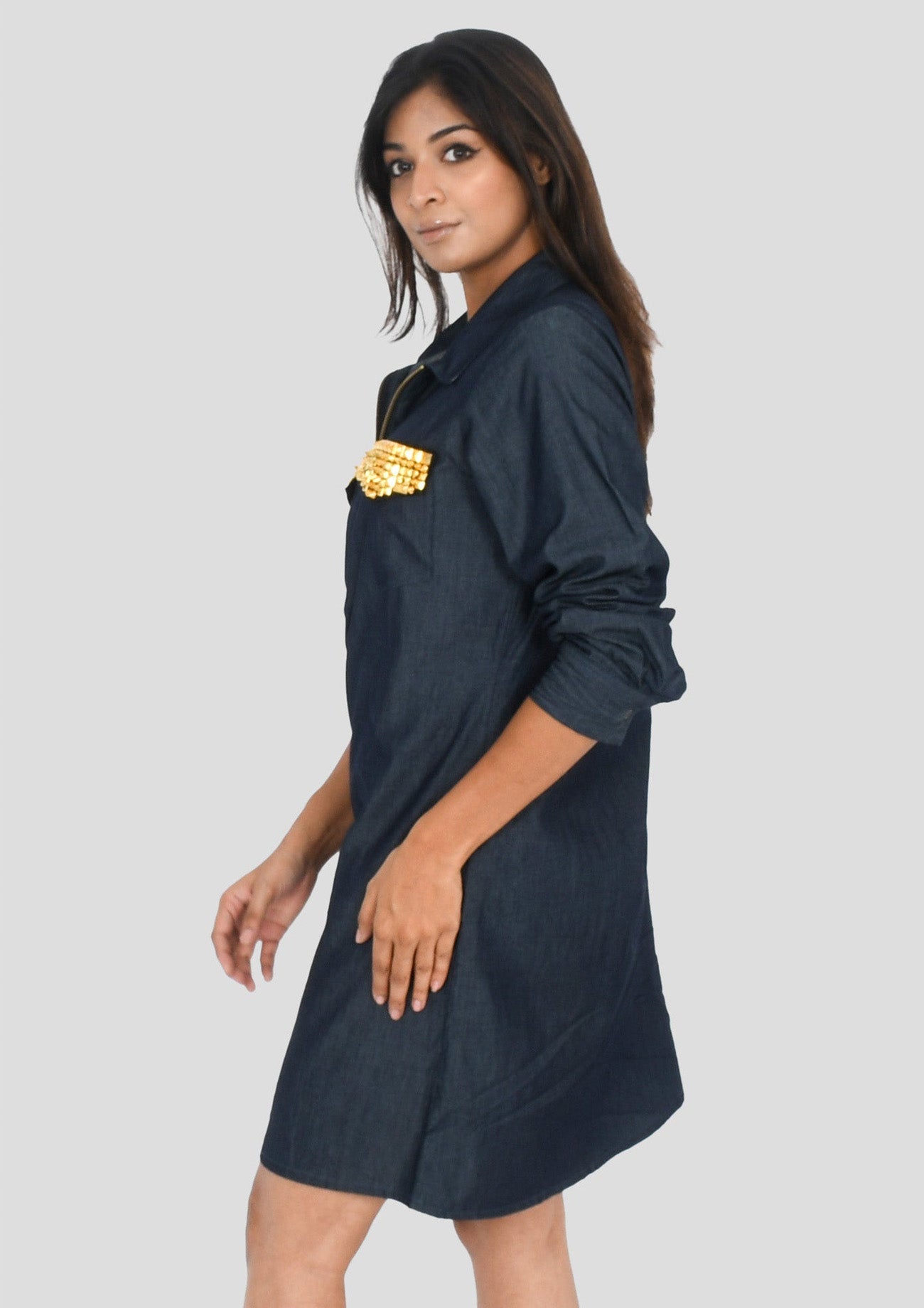 Blue Denim One Piece Dress with Pockets