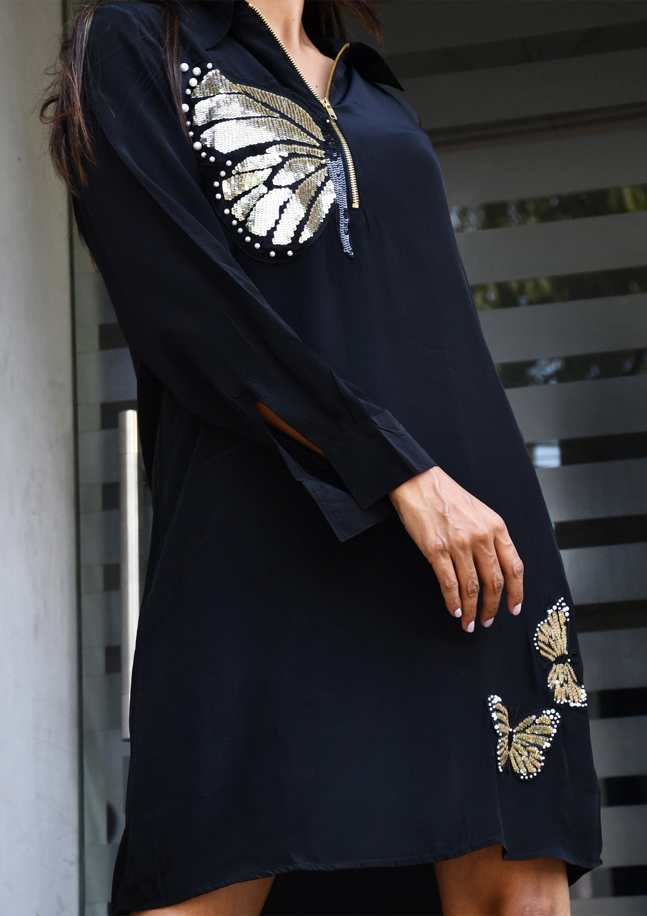 Black One Piece Crepe Dress with Sequin Embroidery