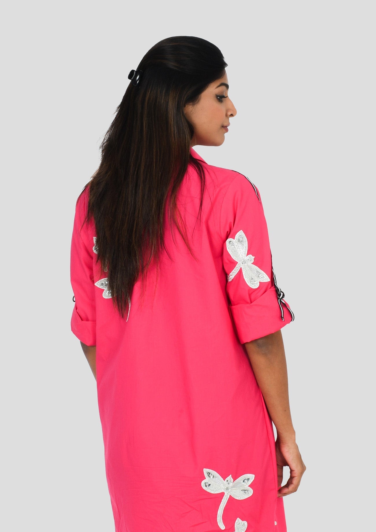 Hot Pink One Piece Comfort Fit Cotton Dress with Embroidery