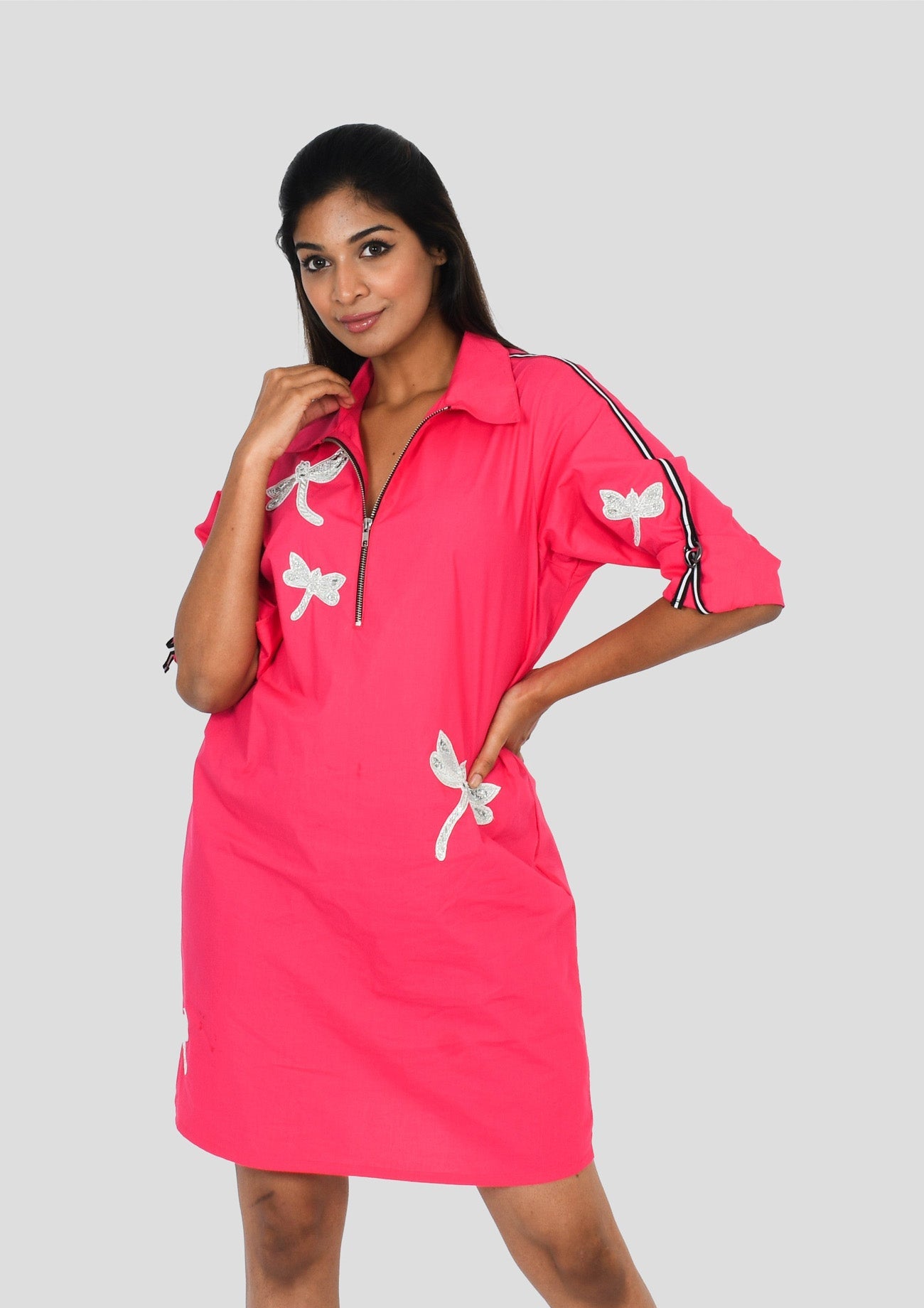 Hot Pink One Piece Comfort Fit Cotton Dress with Embroidery