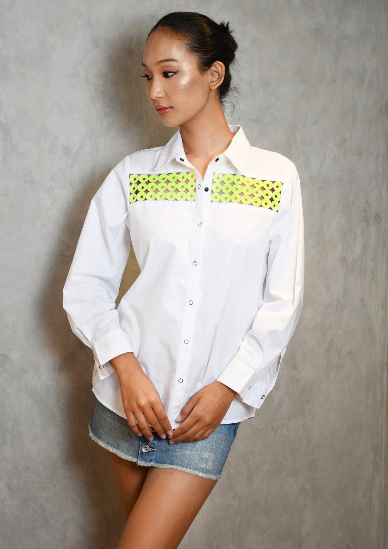 White Comfort Fit Cotton Shirt fo Women with Cutwork
