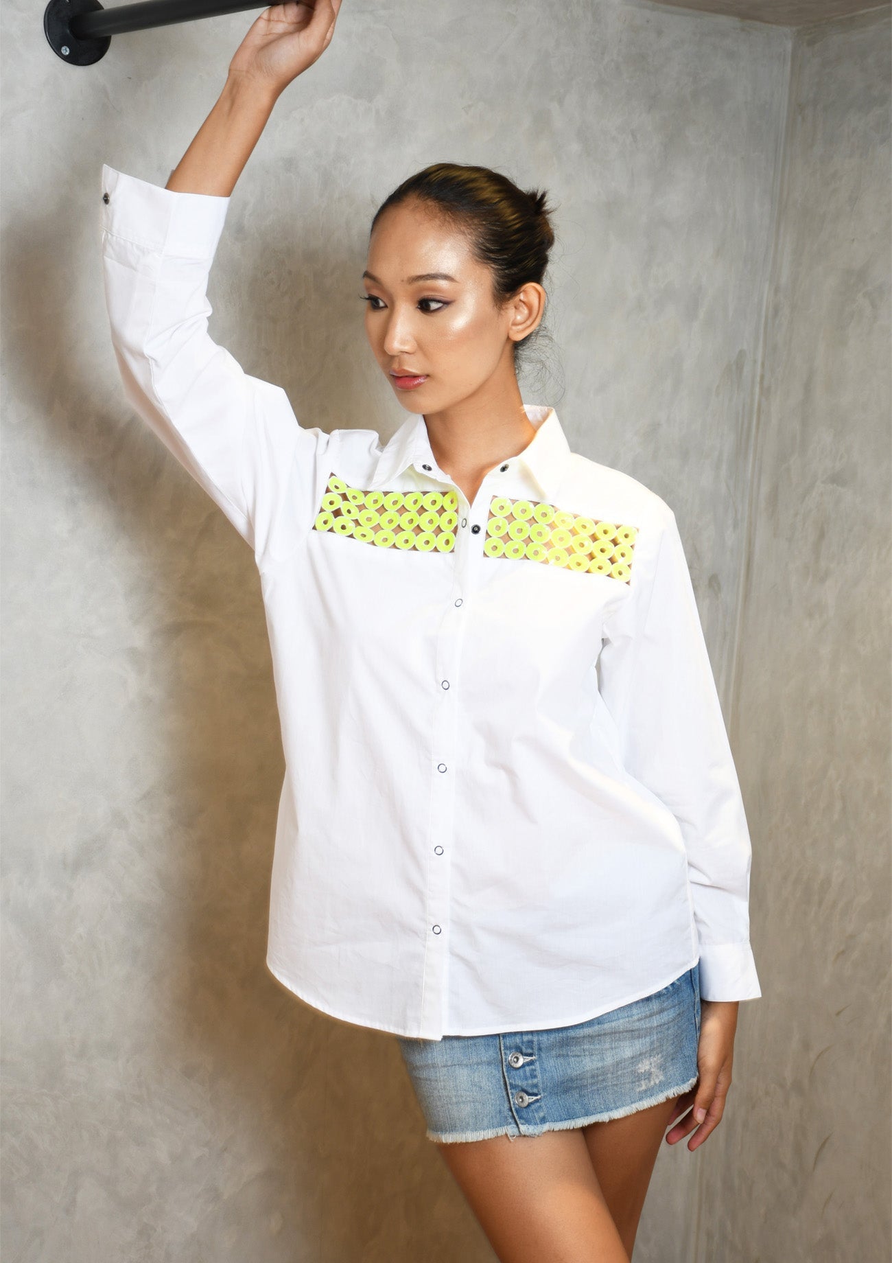 White Comfort Fit Cotton Shirt fo Women with Cutwork