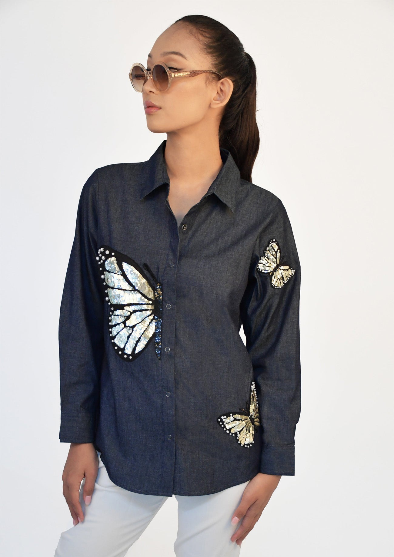 Blue Denim Comfort Fit Shirt with Sequin Embroidery