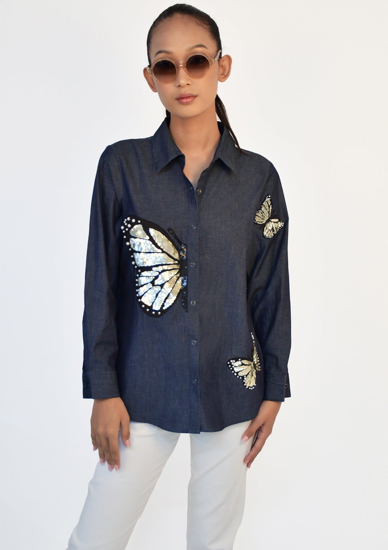 Blue Denim Comfort Fit Shirt with Sequin Embroidery