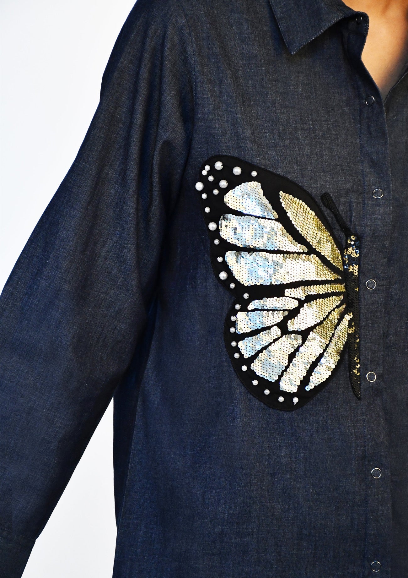 Blue Denim Comfort Fit Shirt with Sequin Embroidery