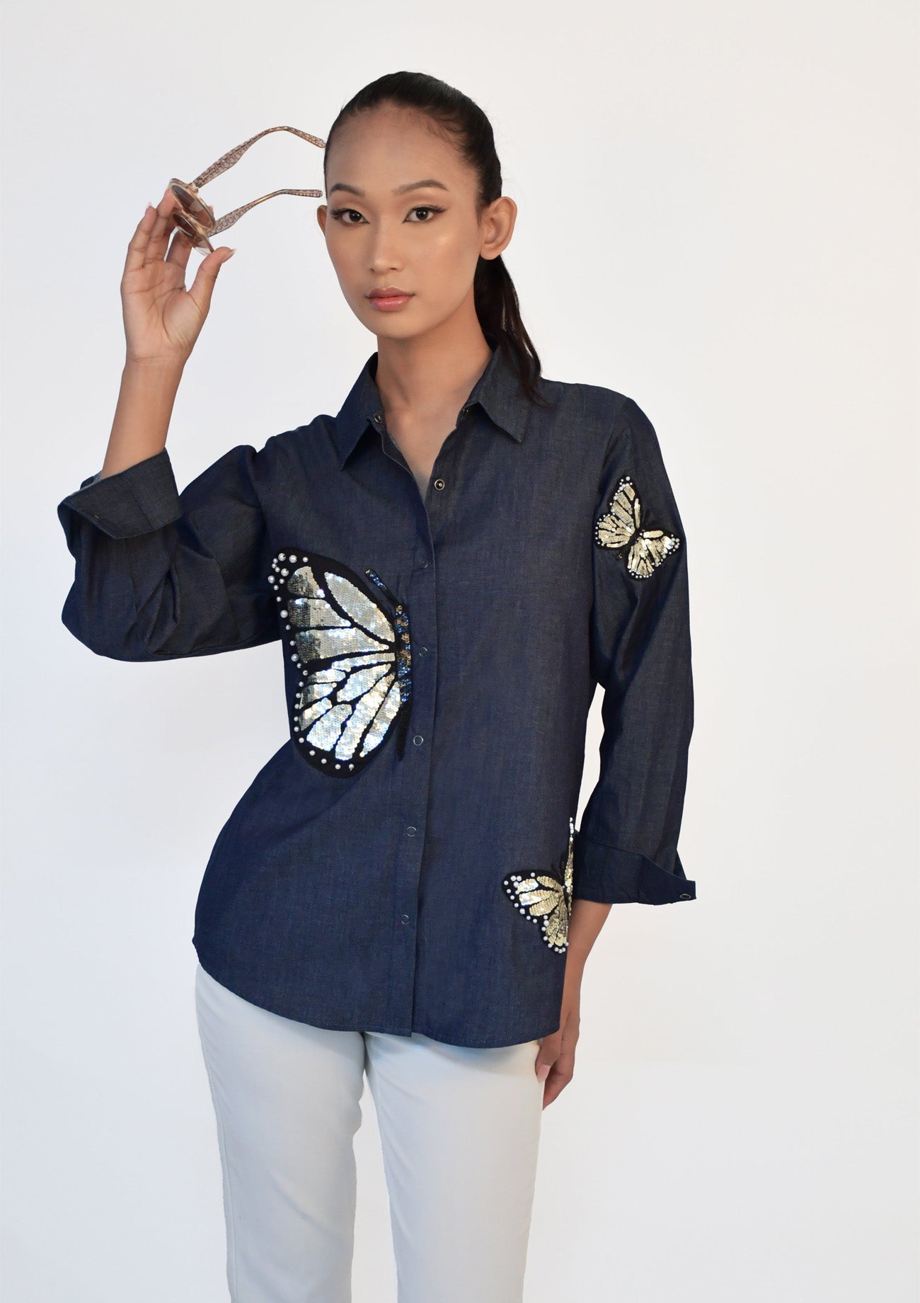 Blue Denim Comfort Fit Shirt with Sequin Embroidery