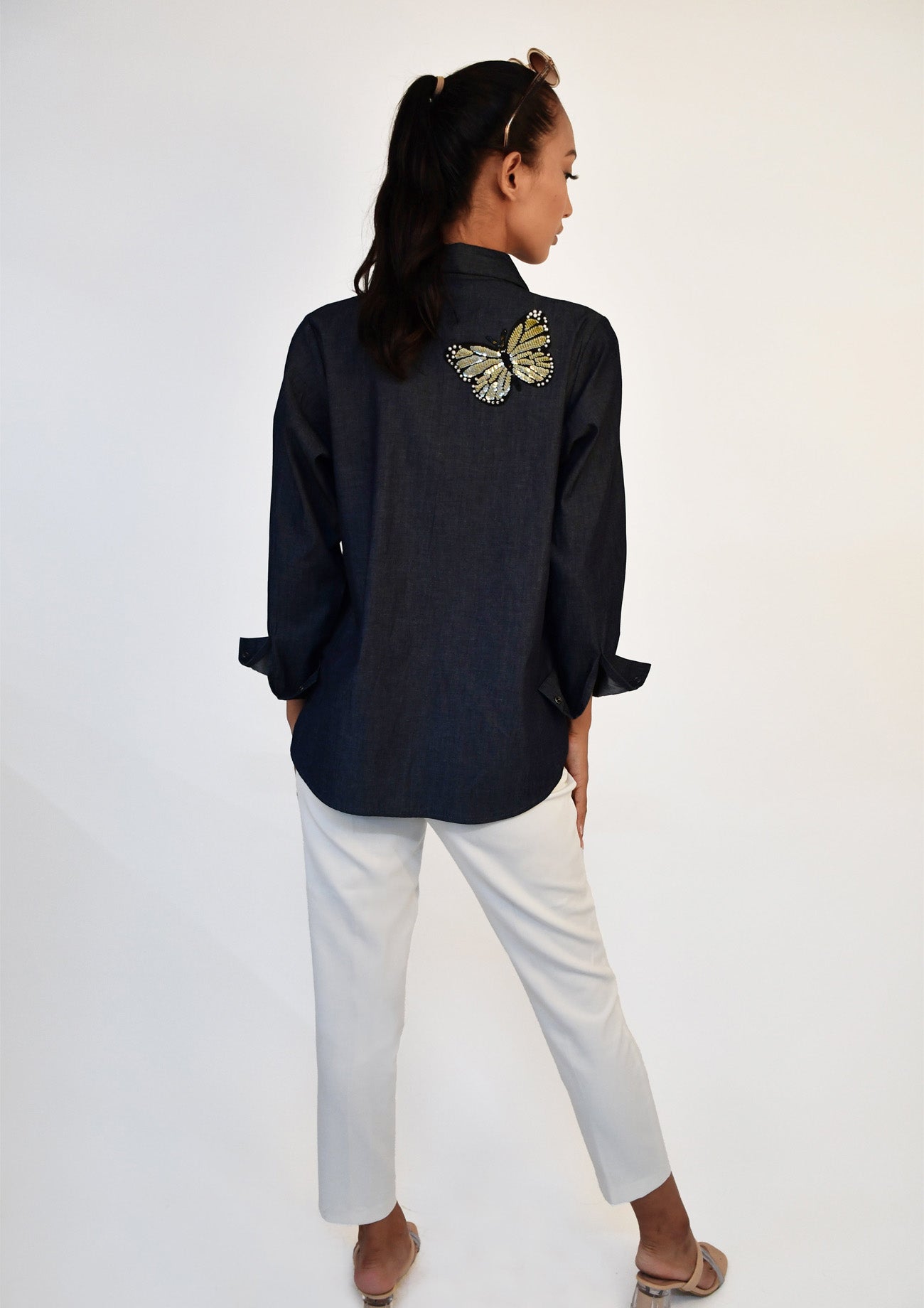 Blue Denim Comfort Fit Shirt with Sequin Embroidery