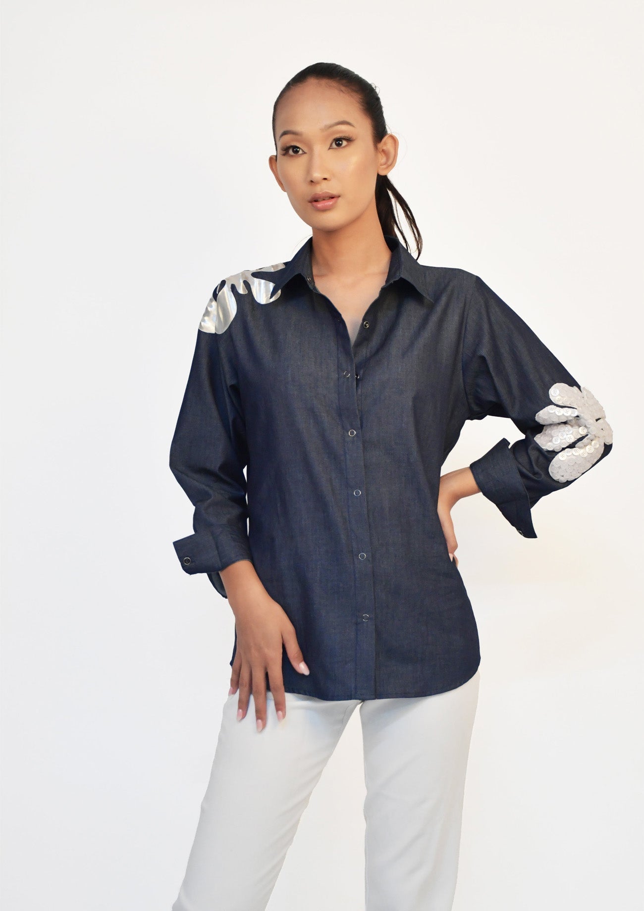 Blue Denim Comfort Fit Shirt with Applique and Embroidery