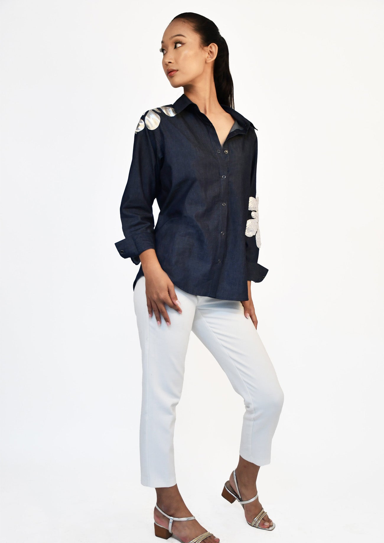 Blue Denim Comfort Fit Shirt with Applique and Embroidery
