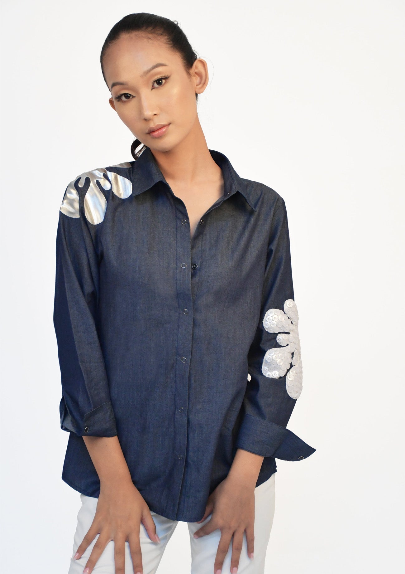 Blue Denim Comfort Fit Shirt with Applique and Embroidery