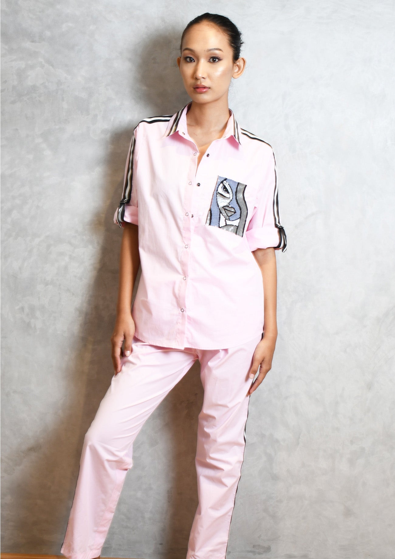 Pink Cotton Co-ord set with Embroidered Pocket Shirt and Straight Pants