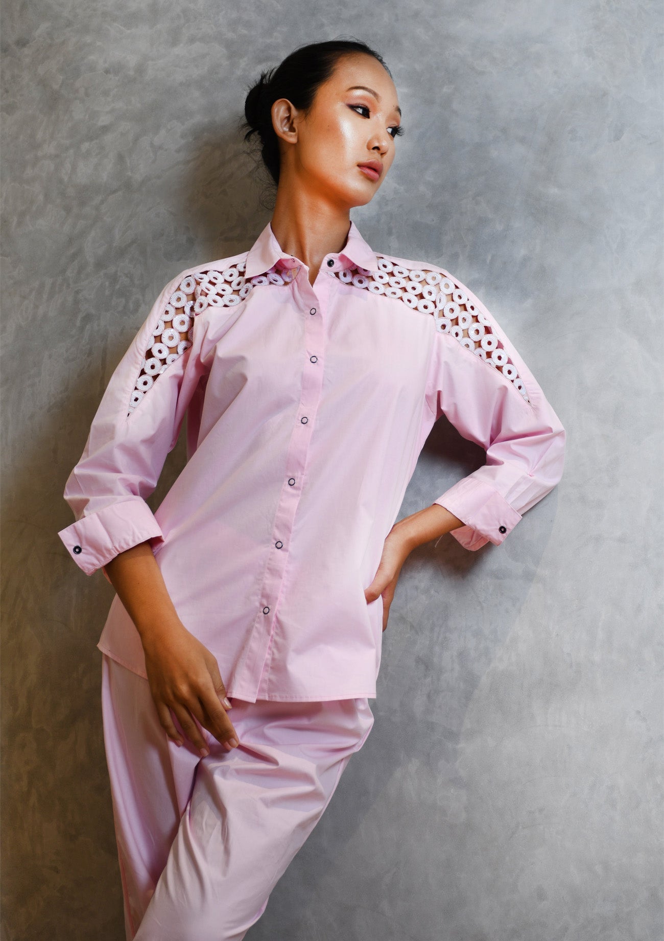 Pink Cotton Co-ord Set with Cutwork Embroidery Shirt