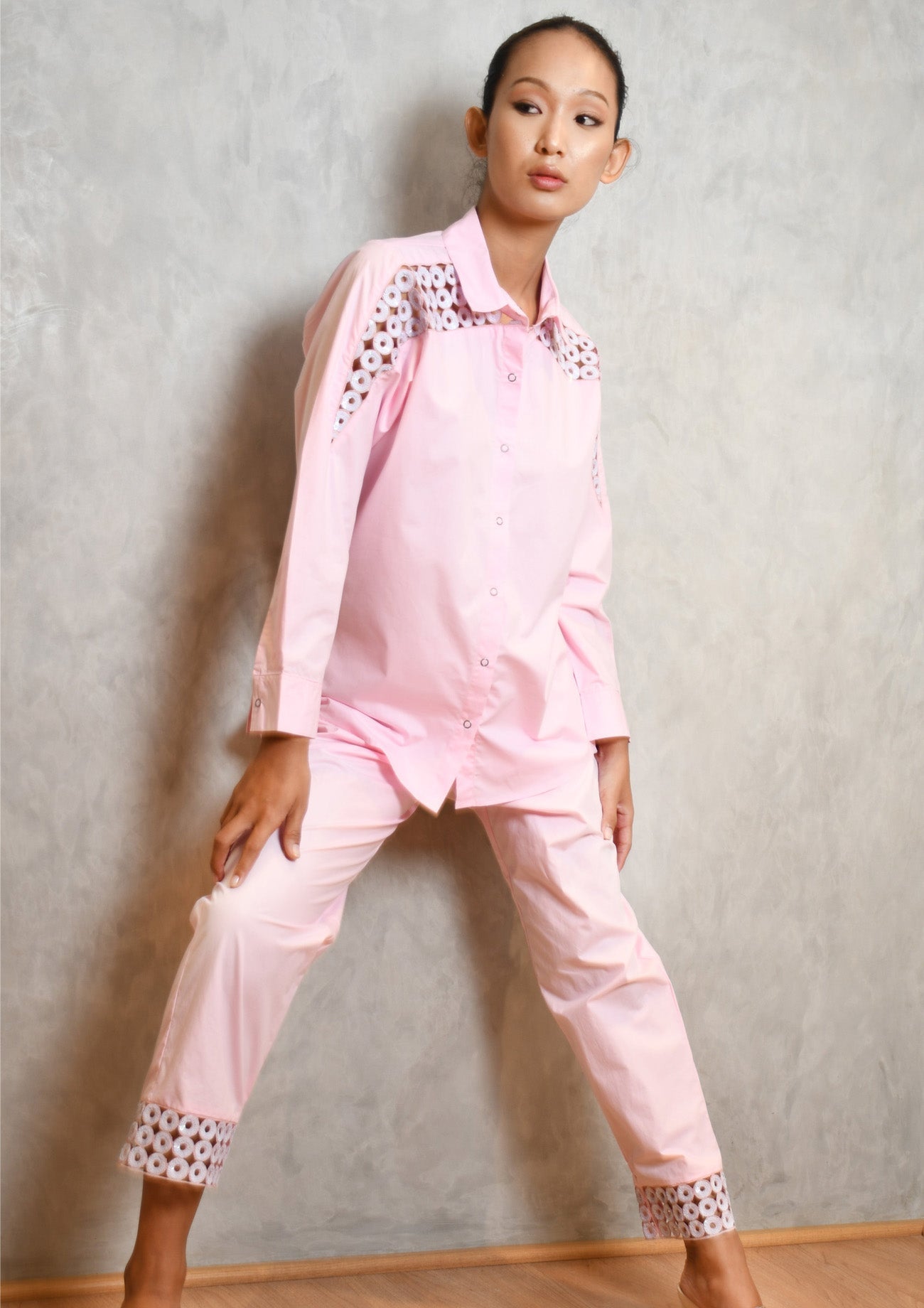 Pink Cotton Co-ord Set with Cutwork Embroidery Shirt