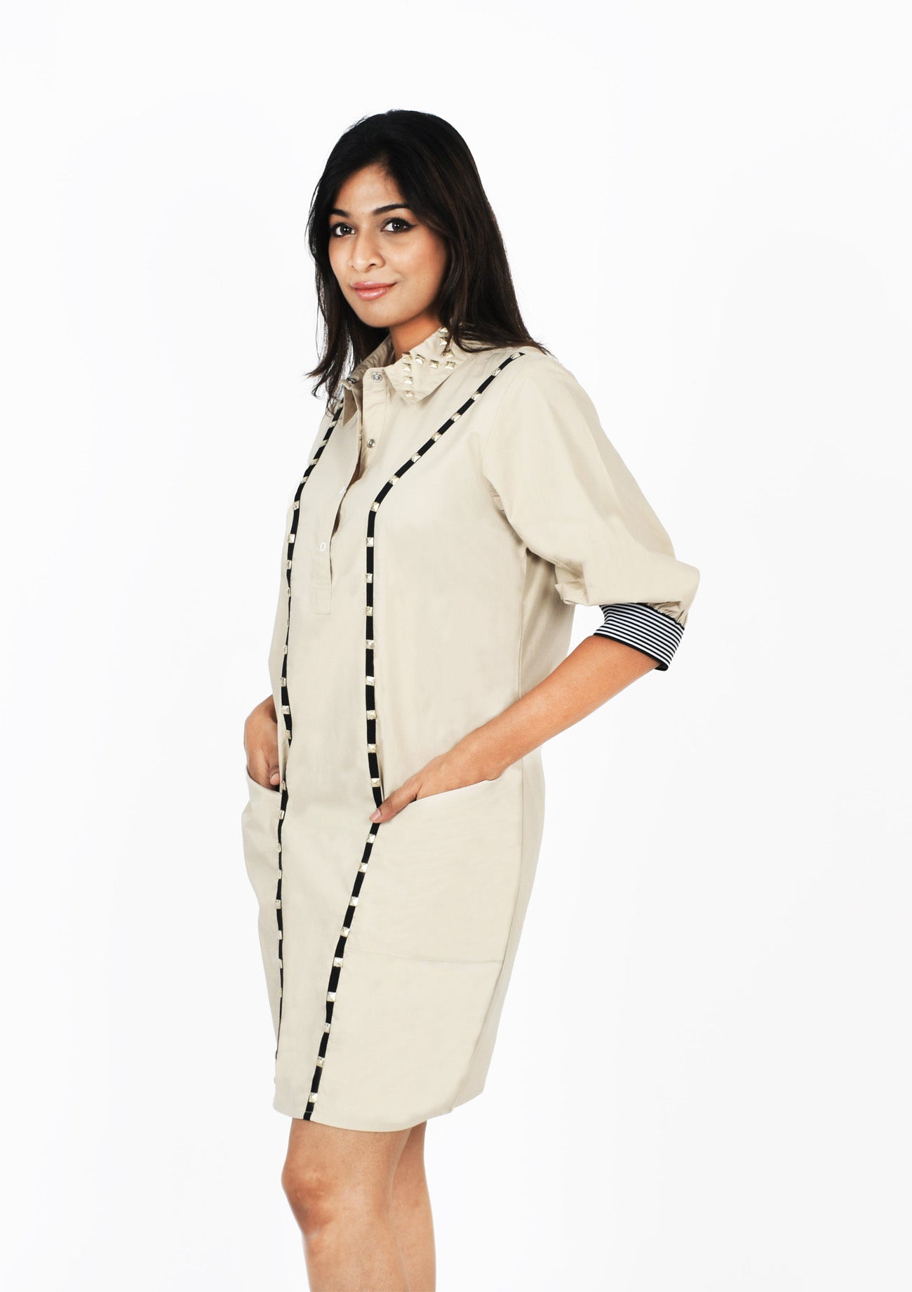 Beige One Piece Cotton Dress with Embroidery