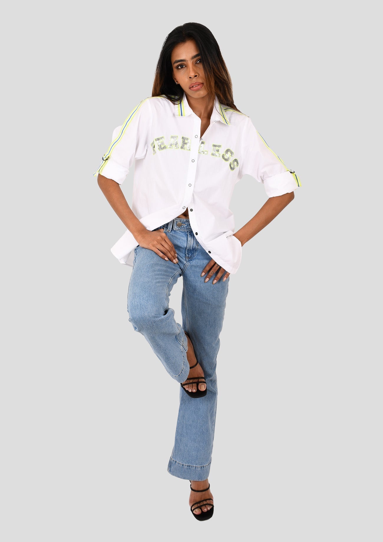 White Comfort Fit Cotton Shirt with Slogan Embroidery