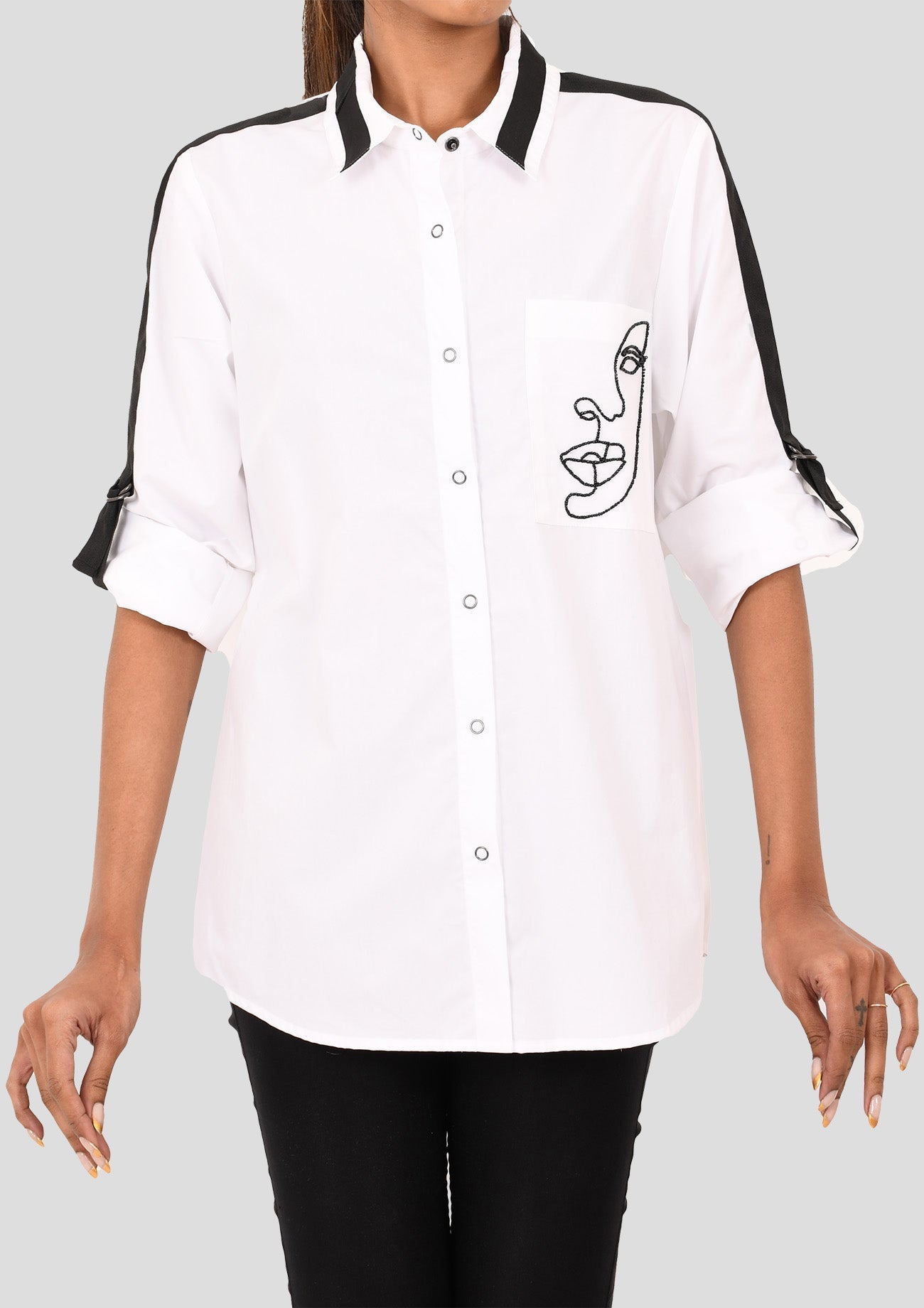 White Comfort Fit Cotton Shirt with Embroidered Pockets